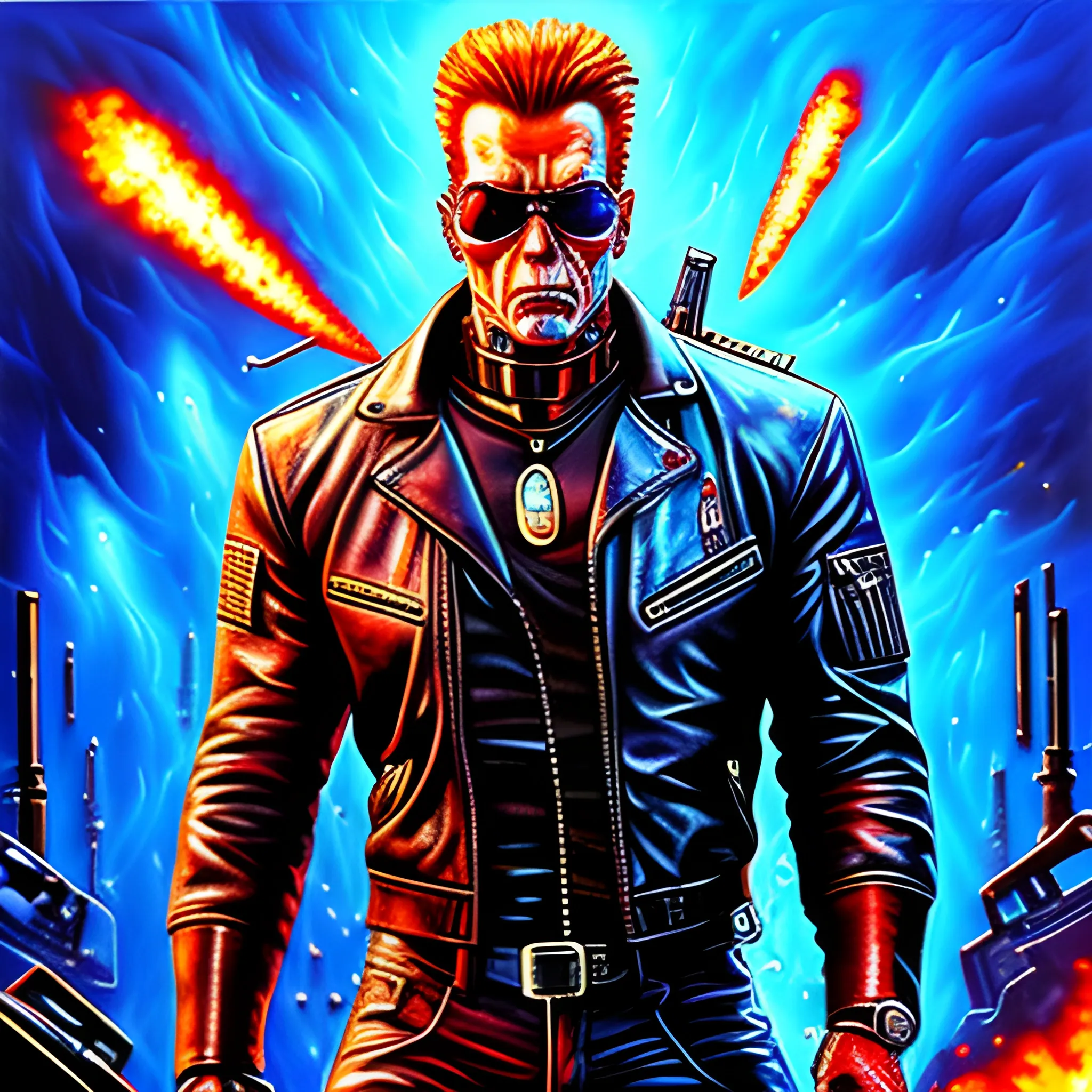 Terminator with a gun, full of explosions, digital style, high quality full of little details
,Trippy, Oil Painting