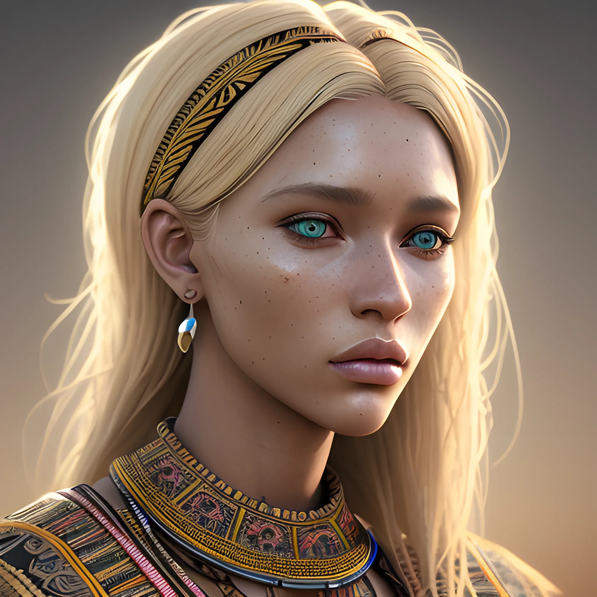 European woman, blonde, sad, model,in African style clothes, full height, ultra hd, realistic, vivid colors, highly detailed, UHD drawing, pen and ink, perfect composition, beautiful detailed intricate insanely detailed octane render trending on artstation, 8k artistic photography, photorealistic concept art, soft natural volumetric cinematic perfect light