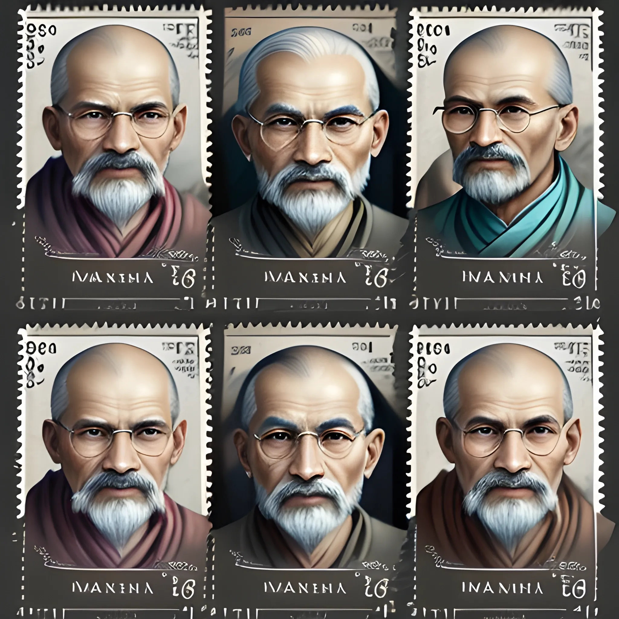 page of postage stamps of various mahatma gadhi from around the world, different stamp denominations, extremely detailed digital painting, in the style of fenghua zhong and ruan jia and jeremy lipking and peter mohrbacher, mystical colors, rim light, beautiful lighting, 8 k, stunning scene, raytracing, octane,, Watercolor, trending on artstation, sharp focus, studio photo, intricate details, highly detailed, 