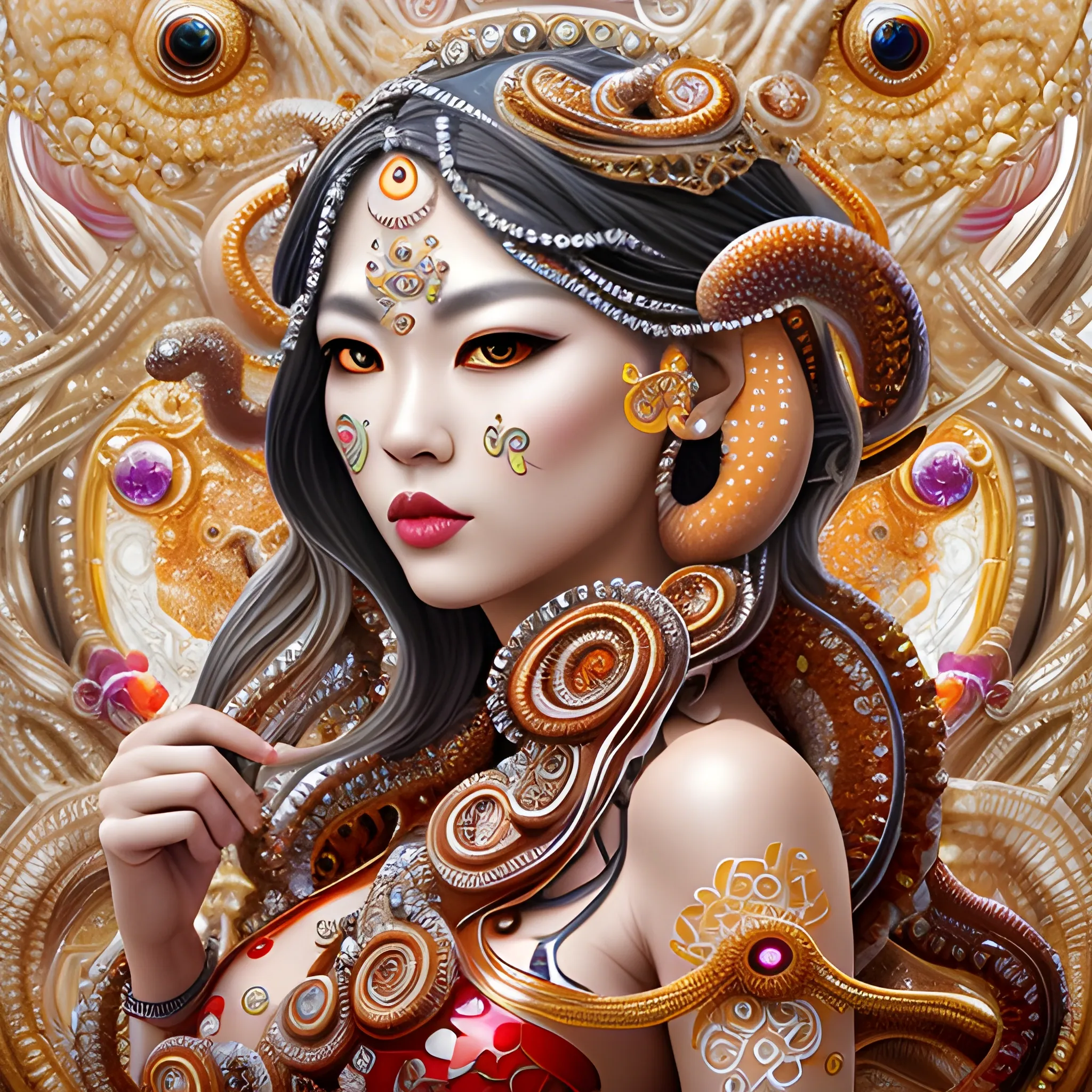 Insanely detailed photograph of An elaborate beautiful asian octopus woman goddess glossy lipstick intricate glistening skin face bright eyes mosaic jelly silver red white yellow gold dress long hair hyperdetailed painting, fantasy art 4K