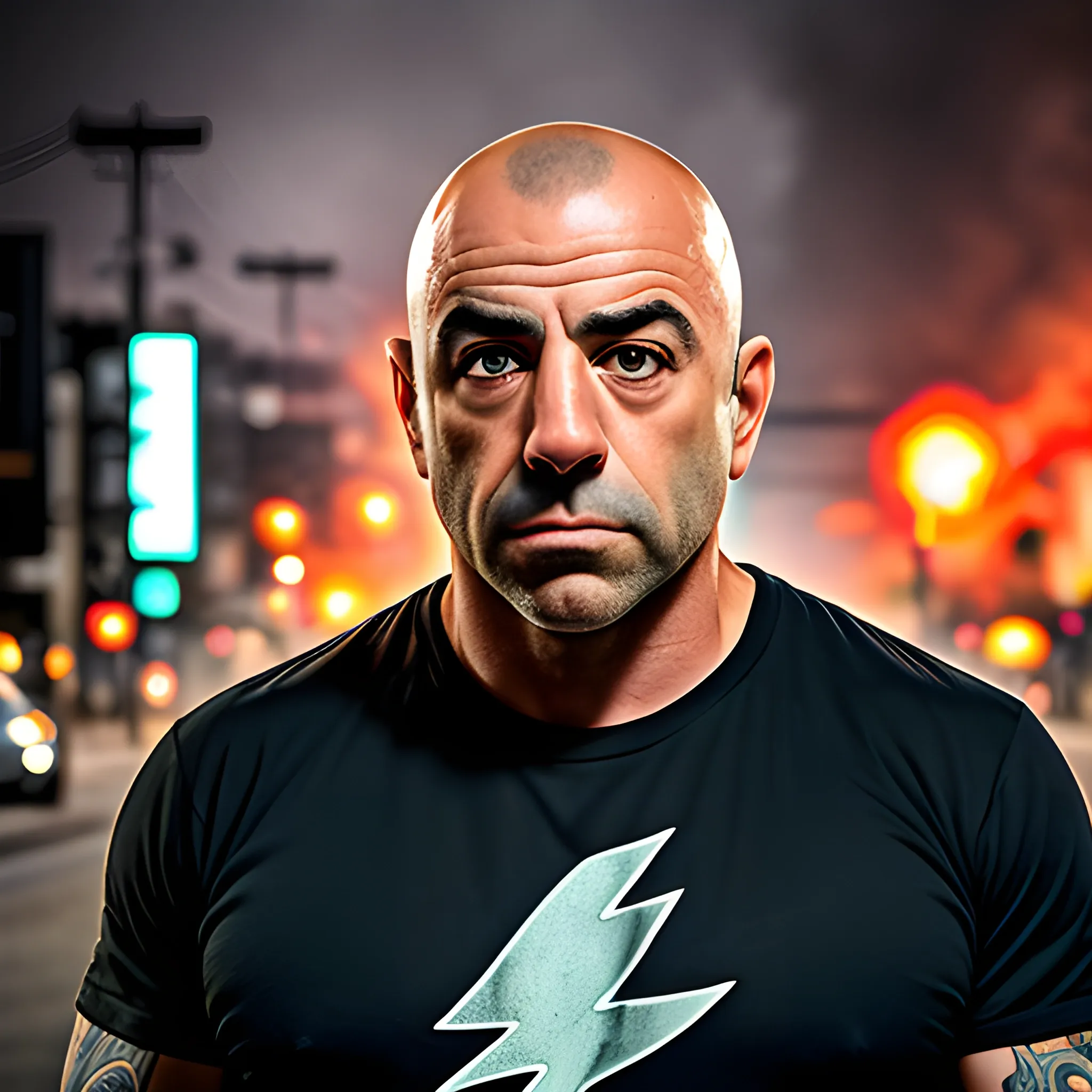 Joe Rogan, dimmed lightning, bokeh lightning, serious face, potray style, background street on fire

