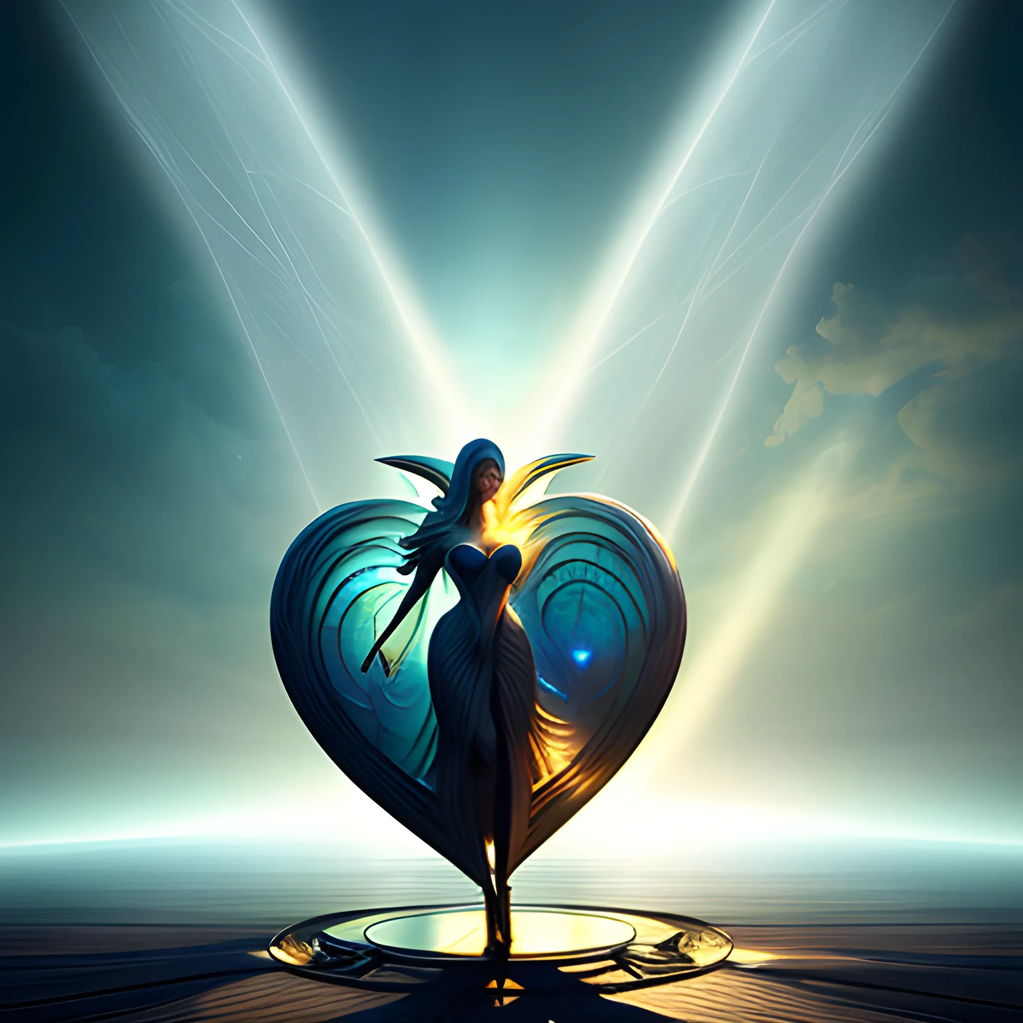 An illustration of a human heart made of translucent glass, standing on a pedestal amidst a stormy sea. Rays of sunlight piece the clouds, illuminating the heart, revealing a tiny universe within, dark fantasy, cinematic, 3d render, photo, hanging herbs, wooden chair, light blooming, dust, ambient occlusion, morning, rays of light passing through windows , soft lighting, brush strokes of oil paint