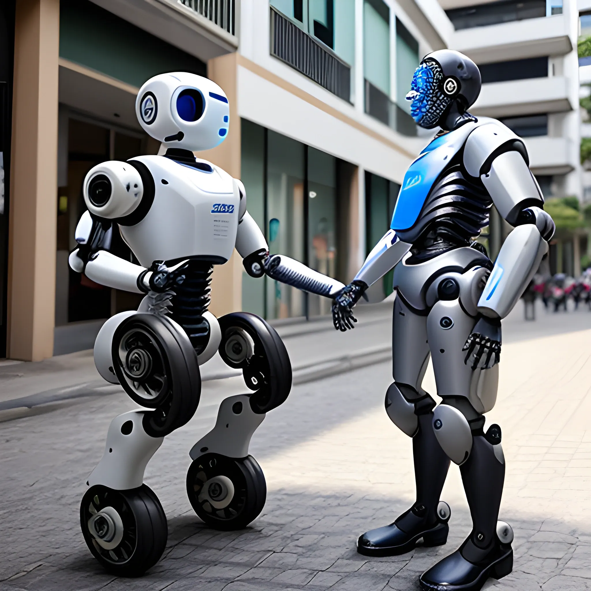 Um empresario conversando com um robo na rua