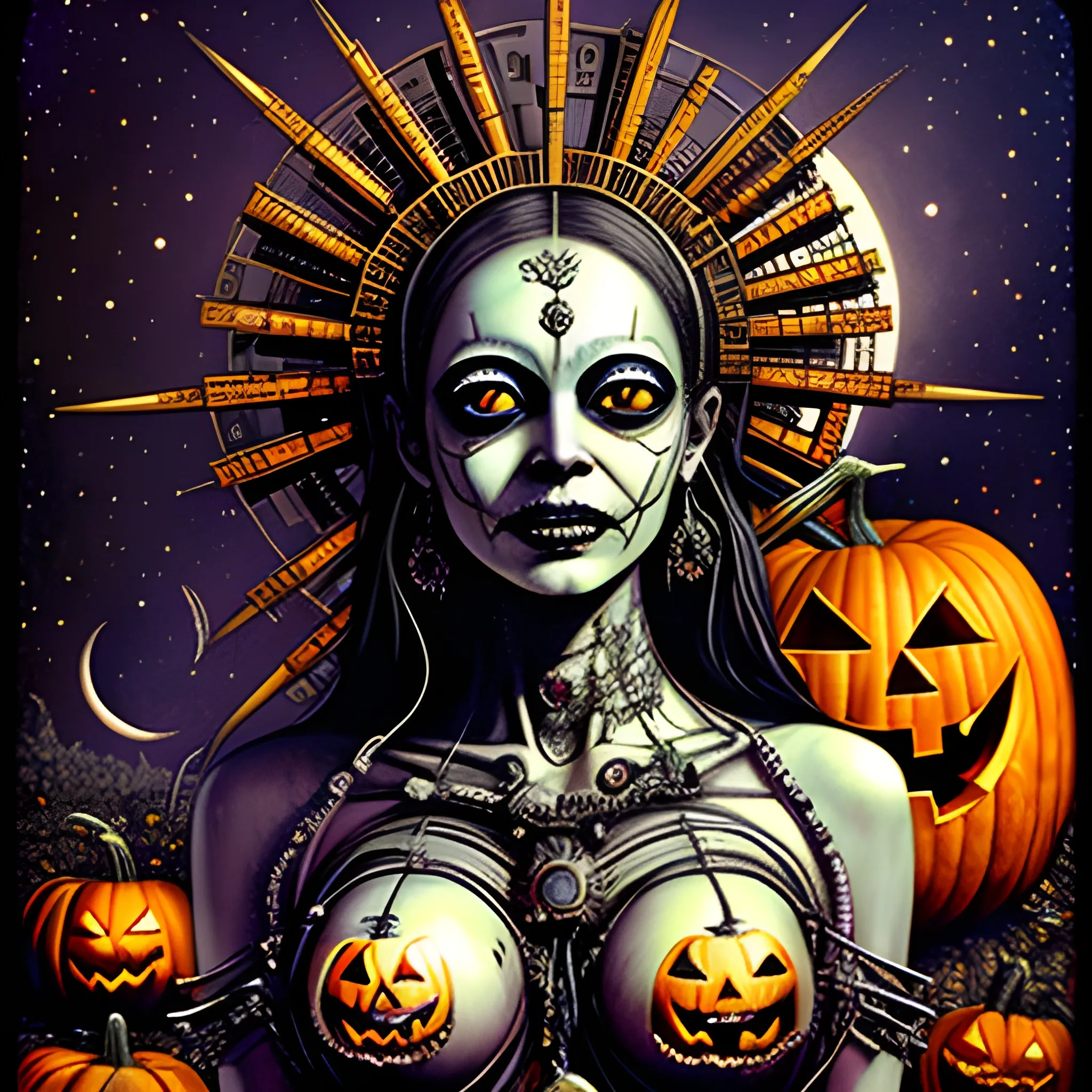 Halloween goddess of the motherboards, by Sam Mendes, by Wifredo Lam, by Brian M Viveros; pumpkins, full moon in a nebula sky