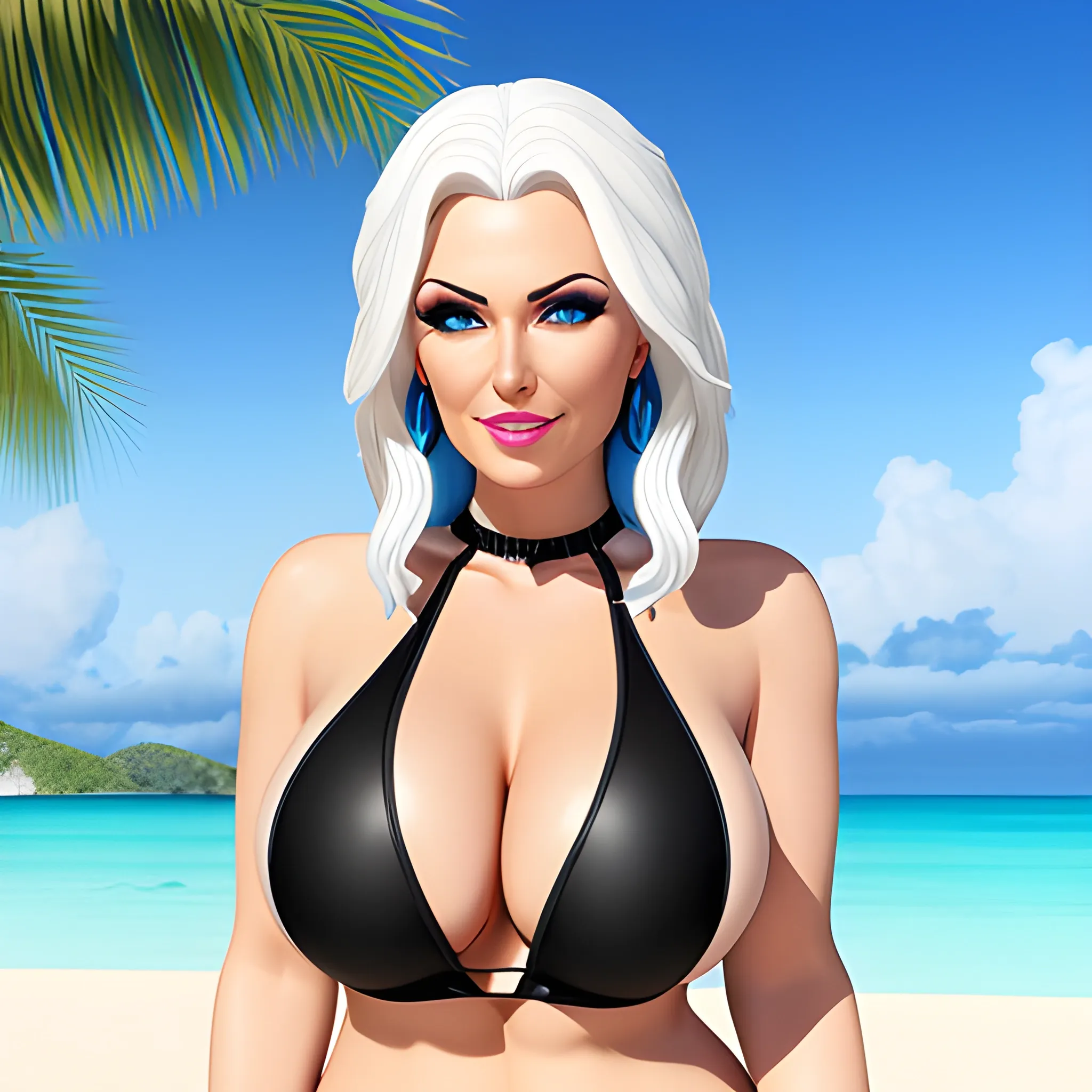 create a photorealistic image of a slightly chubby young woman with white hair and blue eyes, she is wearing a black monokini on a tropical beach, chest visible, high details