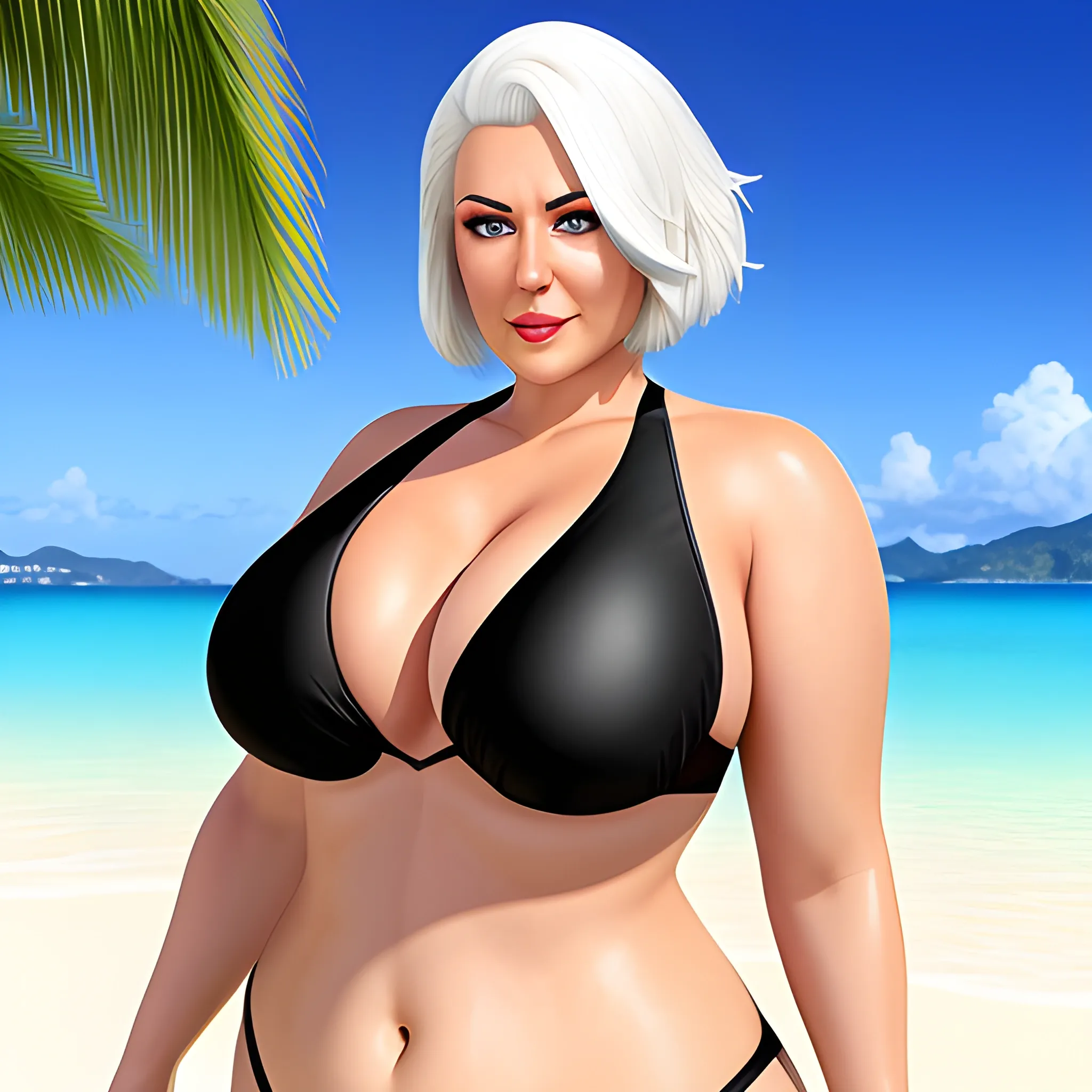 create a photorealistic image of a slightly chubby young woman with white hair and blue eyes, she is wearing black swimwear on a tropical beach, chest visible, high details, full body