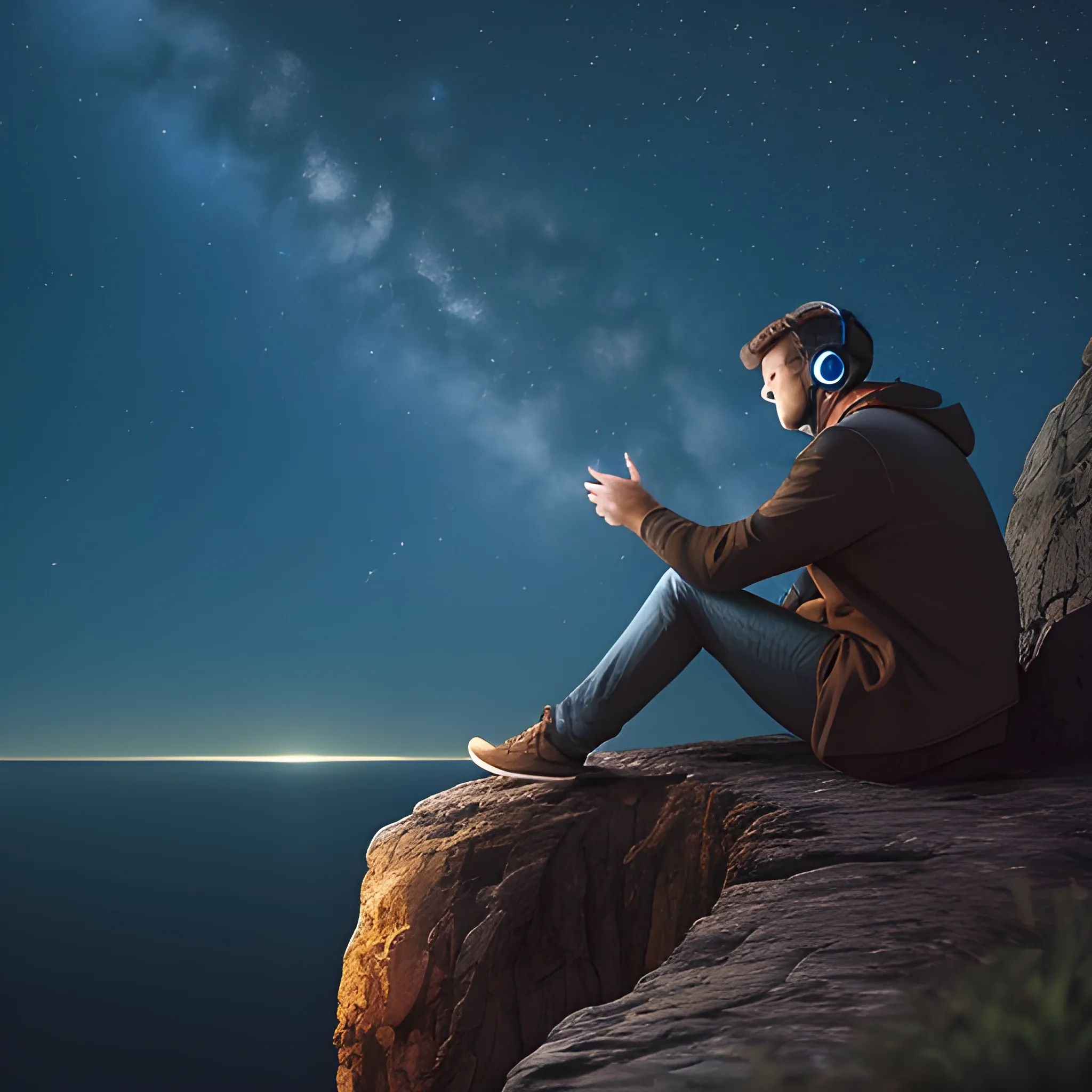 man sitting on a cliff at night listening to a song with headphones, 4k