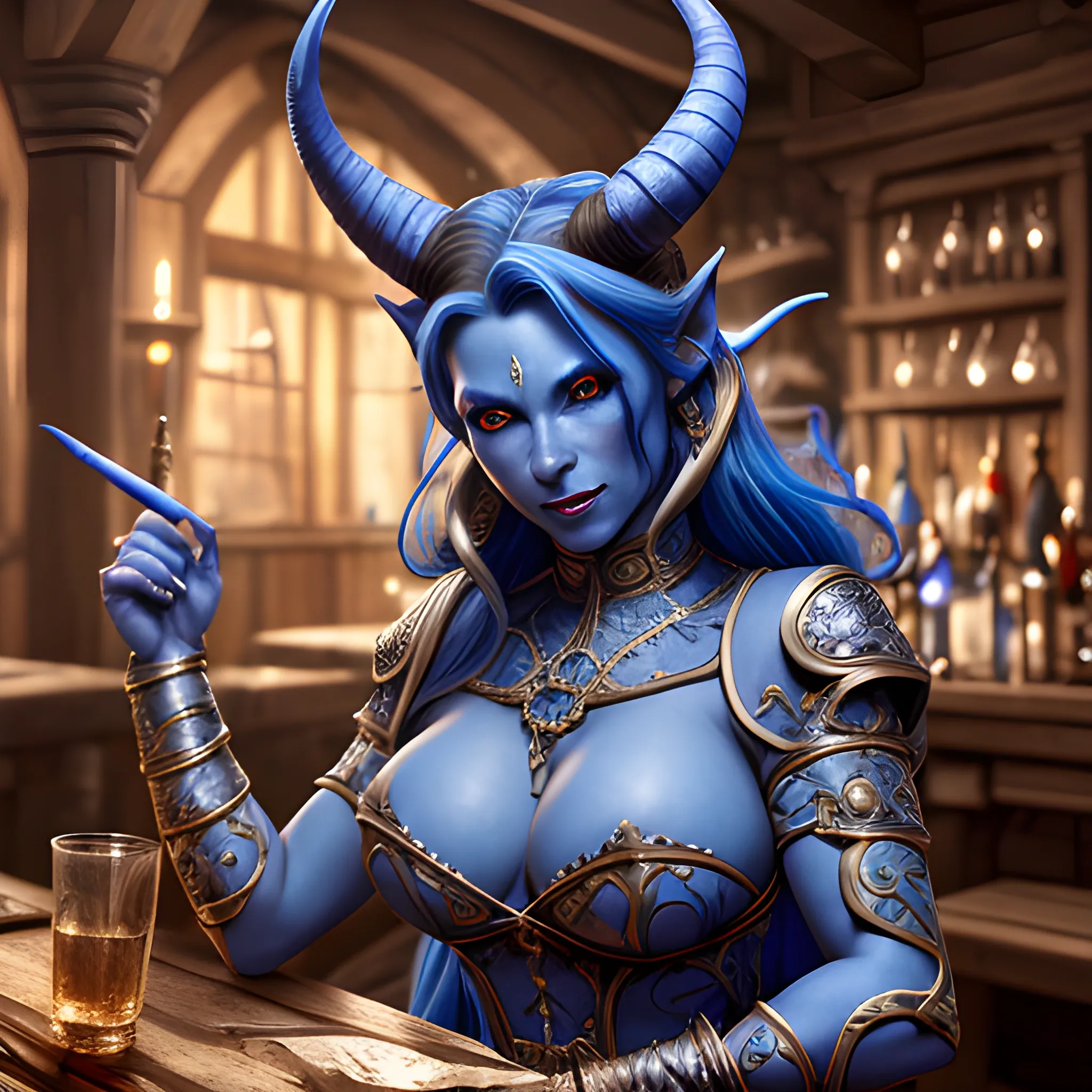 hyper beautiful tiefling woman, hyper blue skin, large horns, hyper dynamic hair, wearing medieval travelers clothes, hyper detailed tavern background, (high quality), (detailed), (masterpiece), (best quality), (highres), (extremely detailed), (8k), (NSFW:0.5), HD, 8k, photography