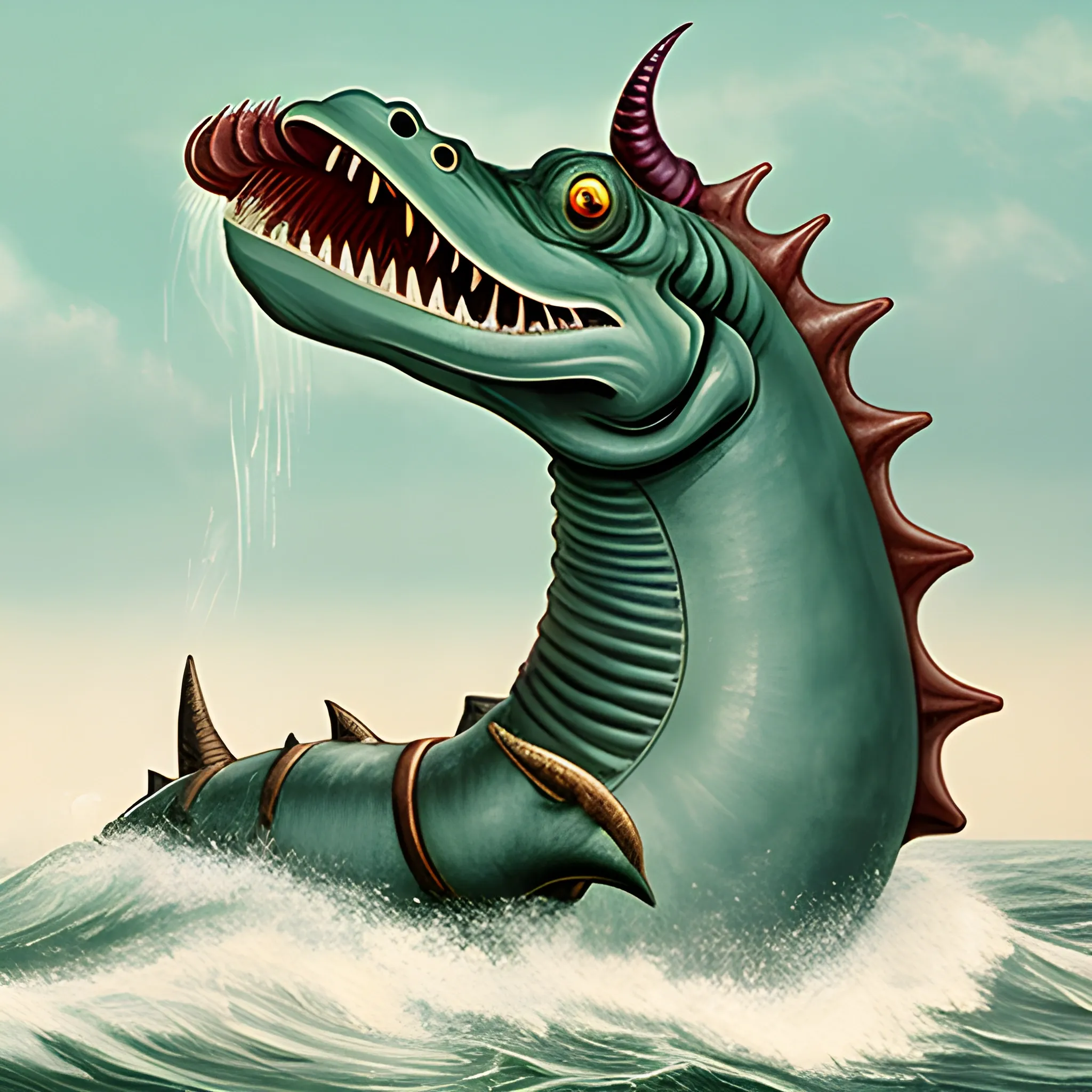 A sea monster with a horn in its peck