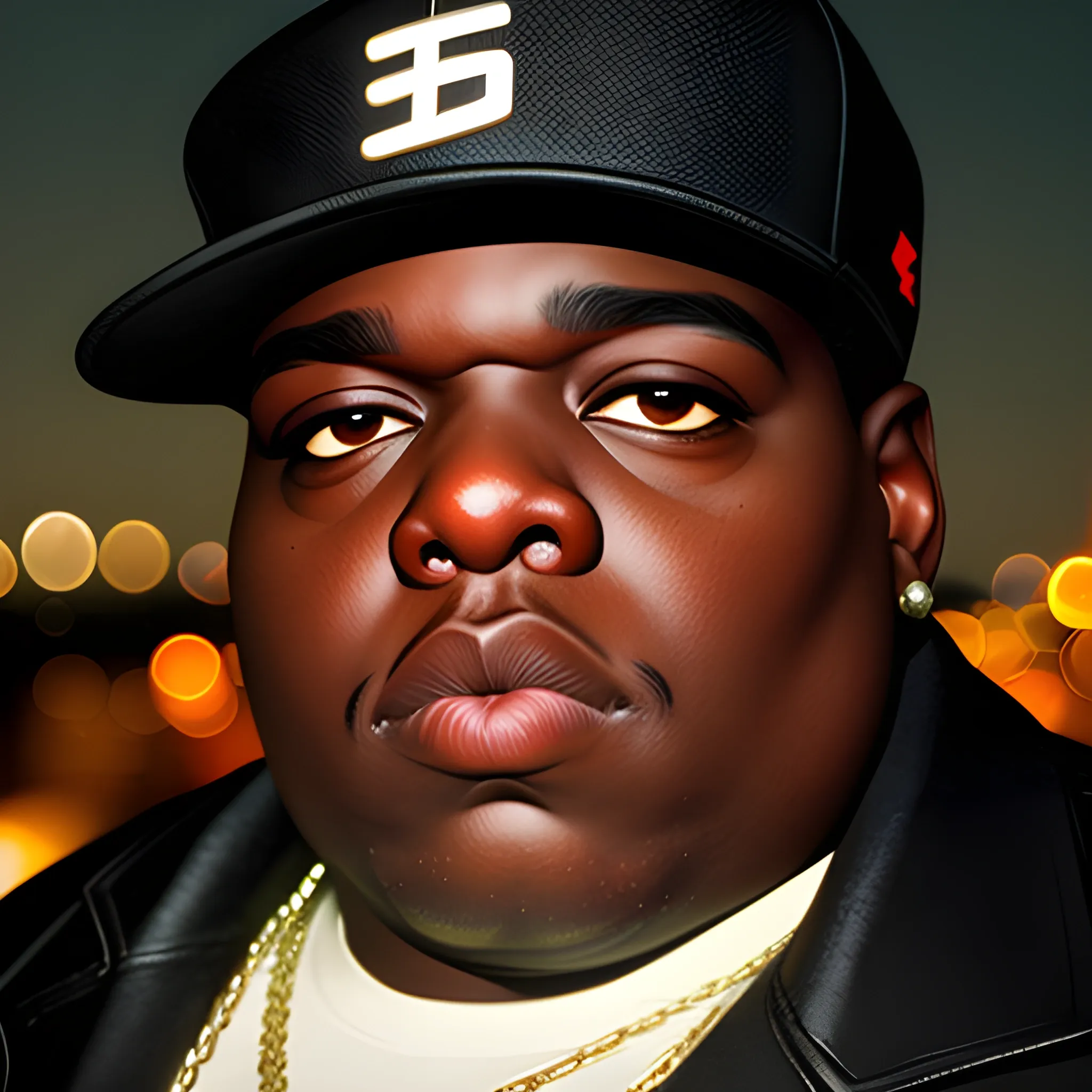 Biggie Smalls, 53 years old, photorealistic, dimmed lighnting ...