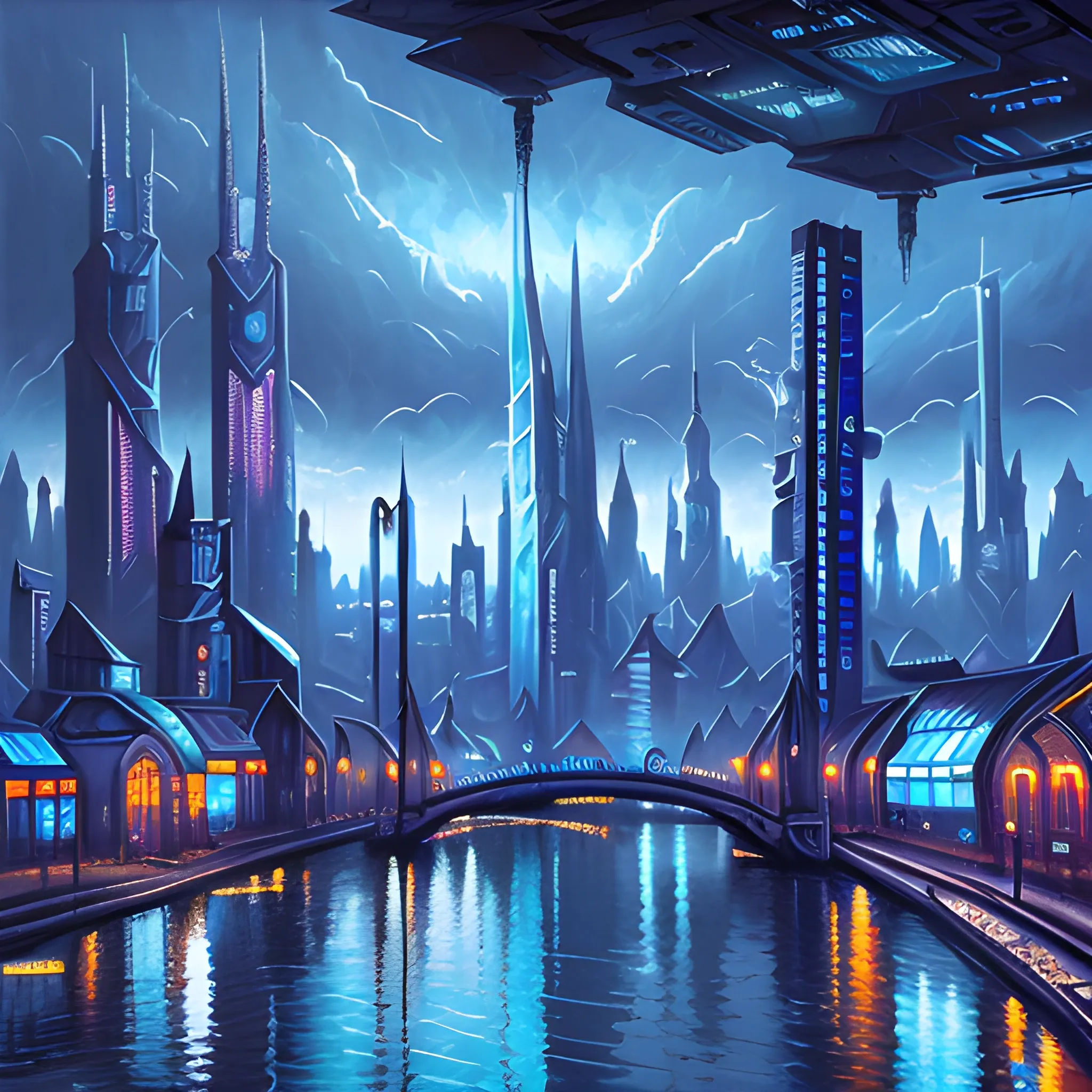 Main space city with spire style buildings, cyberpunk style blue tones, cityscape of bridges and canals, surreal, ultra high quality, Oil Painting