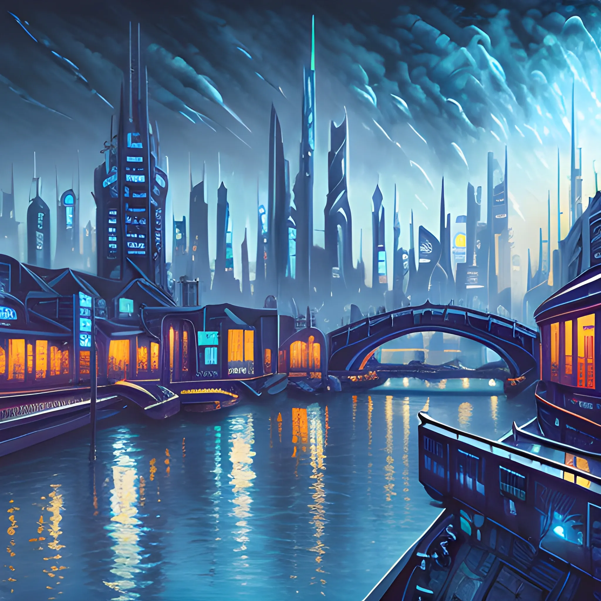 Main space city with spire style buildings, cyberpunk style blue tones, cityscape of bridges and canals, surreal, ultra high quality, Oil Painting