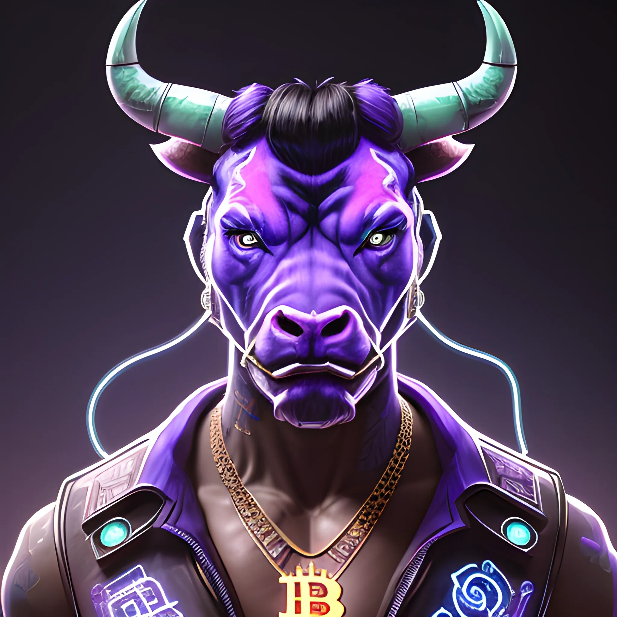 a beautiful portrait of a cute muscular cyberpunk bull wearing bitcoin necklace by greg rutkowski, purple blue color scheme, high key lighting, digital art, highly detailed, fine detail, intricate, ornate, complex