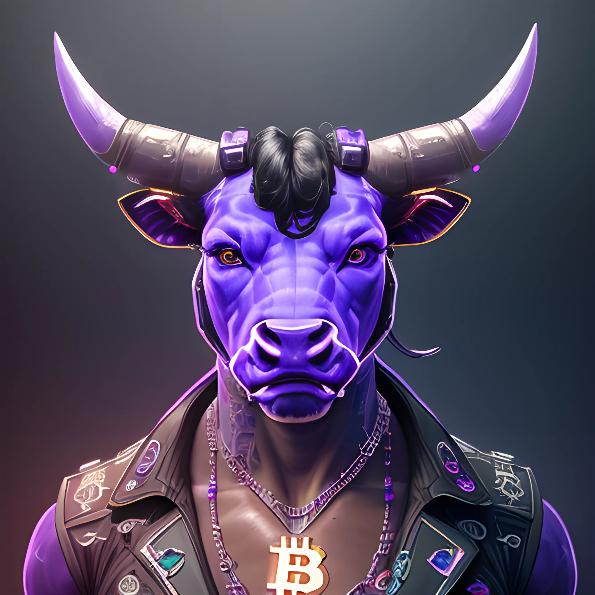 a beautiful portrait of a cute muscular cyberpunk bull wearing bitcoin necklace by greg rutkowski, purple blue color scheme, high key lighting, digital art, highly detailed, fine detail, intricate, ornate, complex