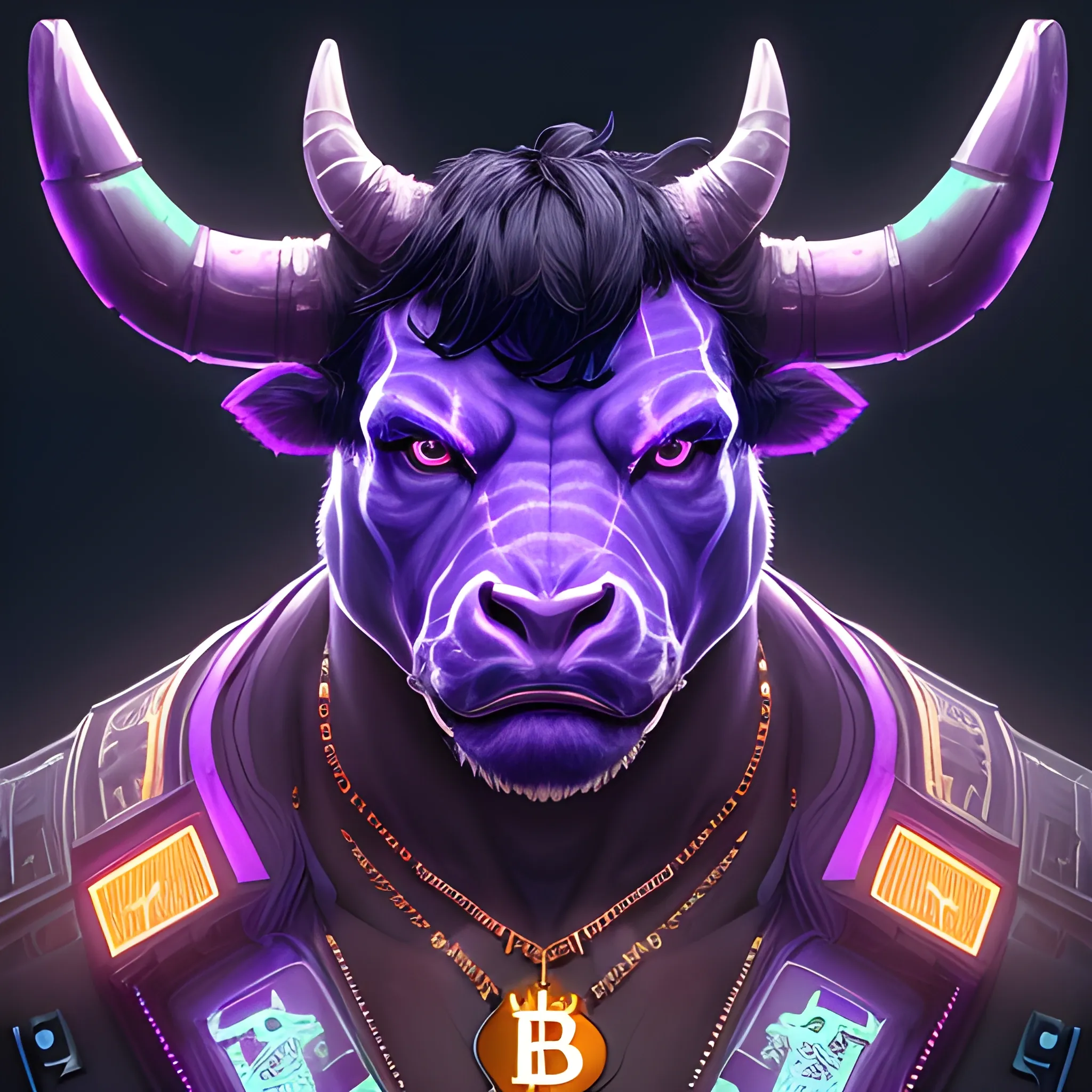 a beautiful portrait of a cute muscular cyberpunk bull wearing bitcoin necklace by greg rutkowski, purple blue color scheme, high key lighting, digital art, highly detailed, fine detail, intricate, ornate, complex, Cartoon