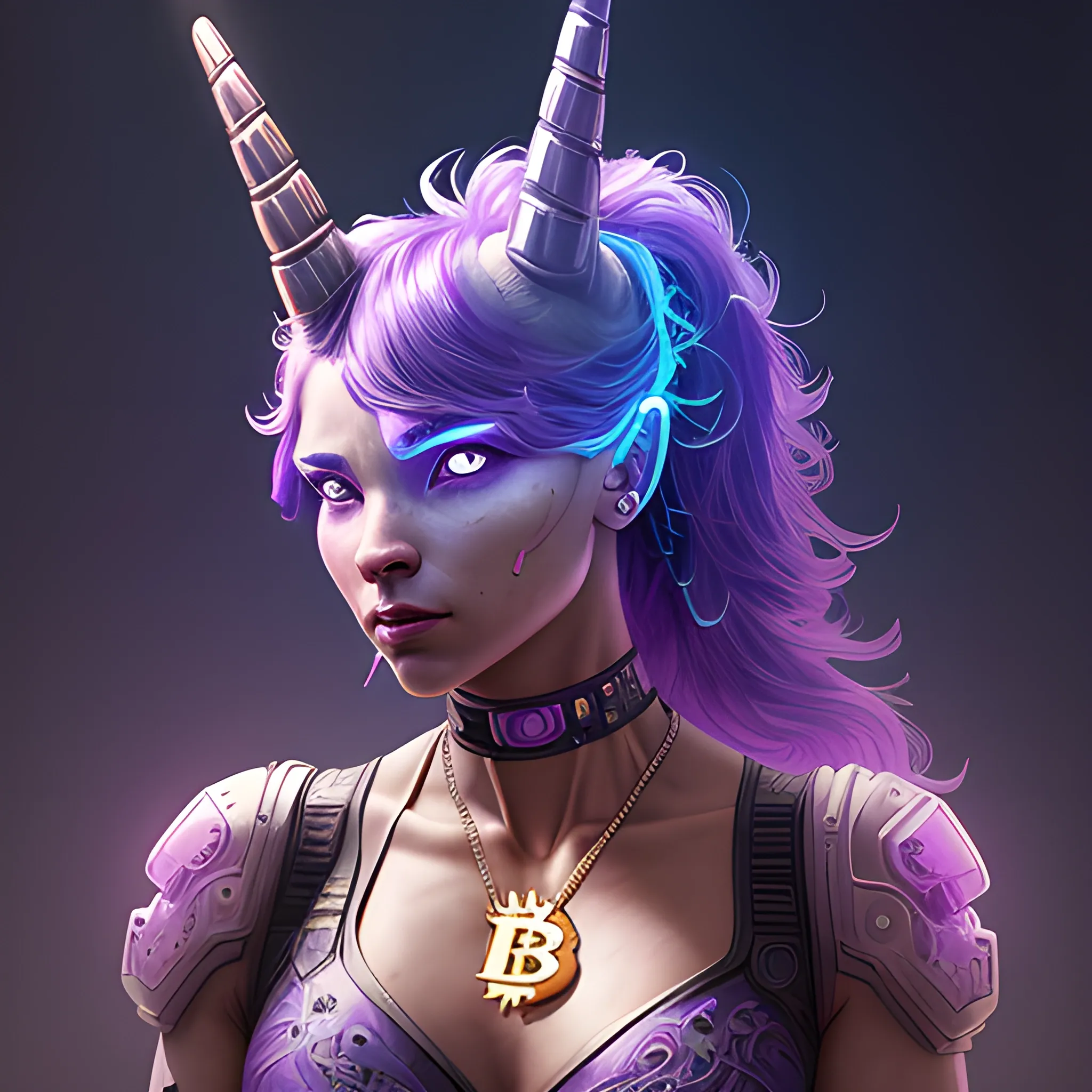 a beautiful portrait of a cute muscular cyberpunk unicorn wearing bitcoin necklace by greg rutkowski, purple blue color scheme, high key lighting, digital art, highly detailed, fine detail, intricate, ornate, complex, Cartoon