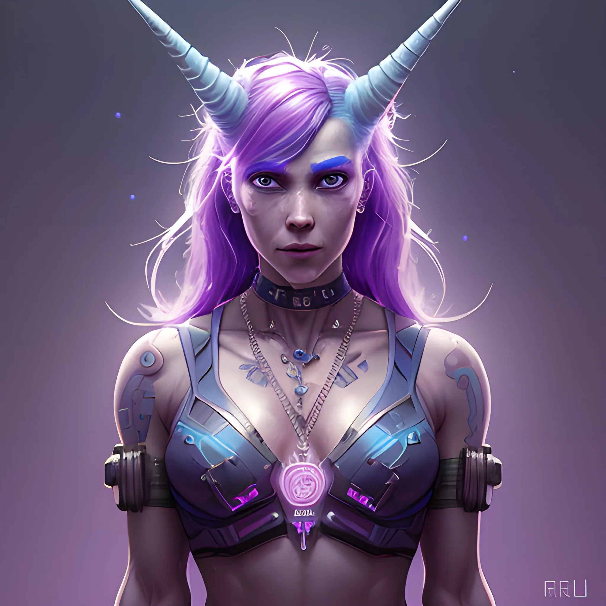 a beautiful portrait of a cute muscular cyberpunk unicorn wearing bitcoin necklace by greg rutkowski, purple blue color scheme, high key lighting, digital art, highly detailed, fine detail, intricate, ornate, complex, Cartoon