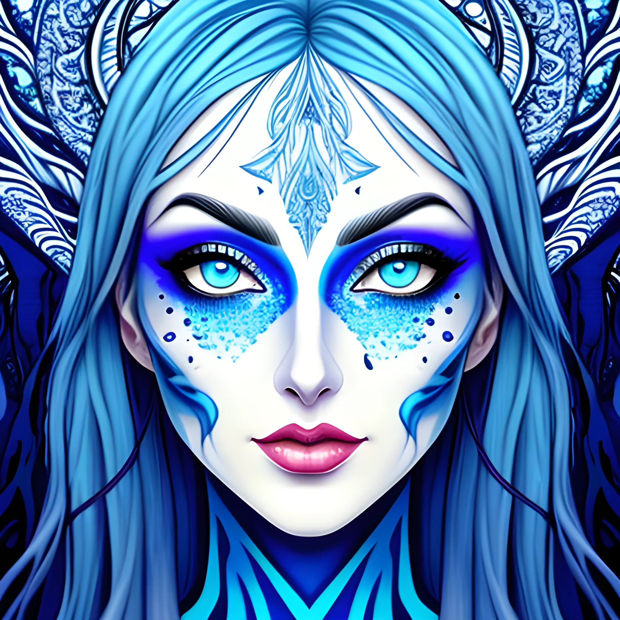 Beautiful girl with blue eyes, high detail, blue scene, hauntingly beautiful illustration, Trippy