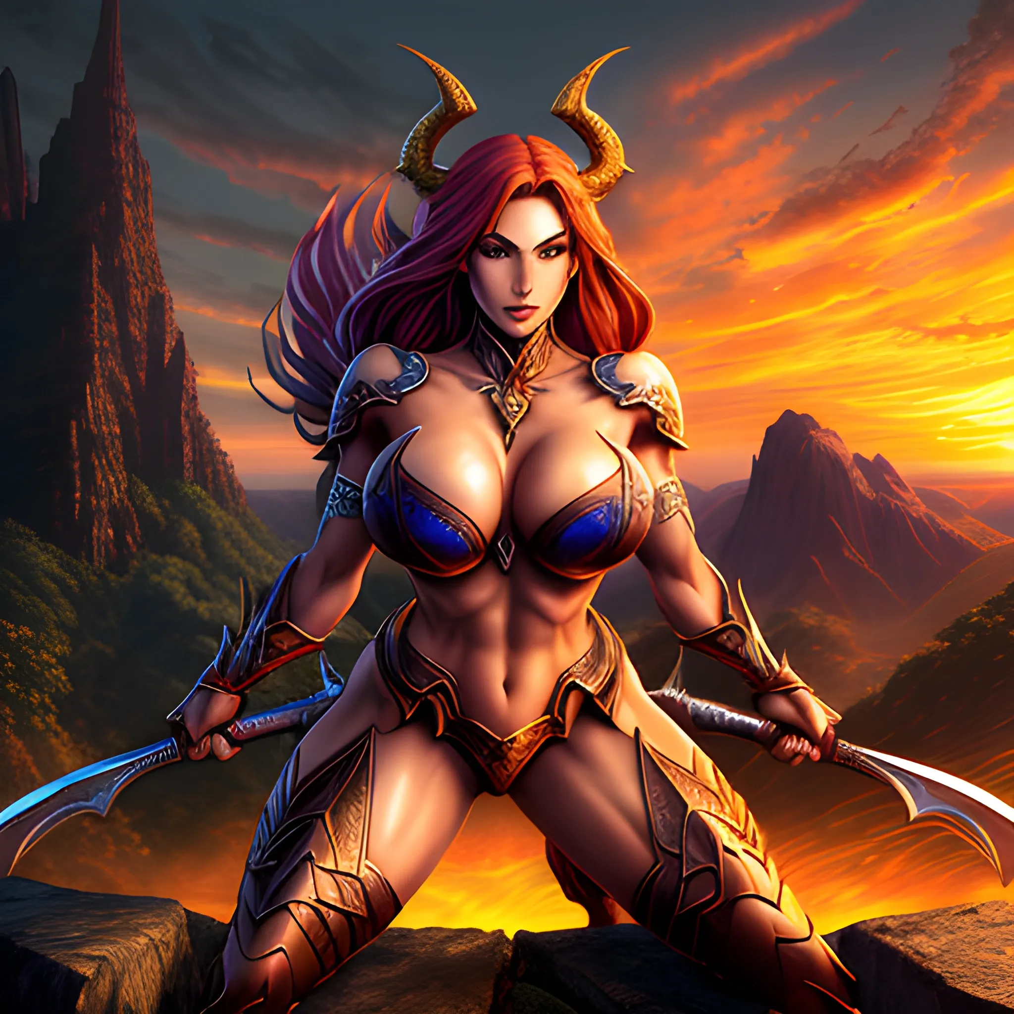 hyper dynamic hyper detailed hyper beautiful Amazonian girl warrior hyper detailed Dragon's Crown™ videogame character Amazon™ art, hyper detailed sunset battlefield scene background, HD, 8k, photography