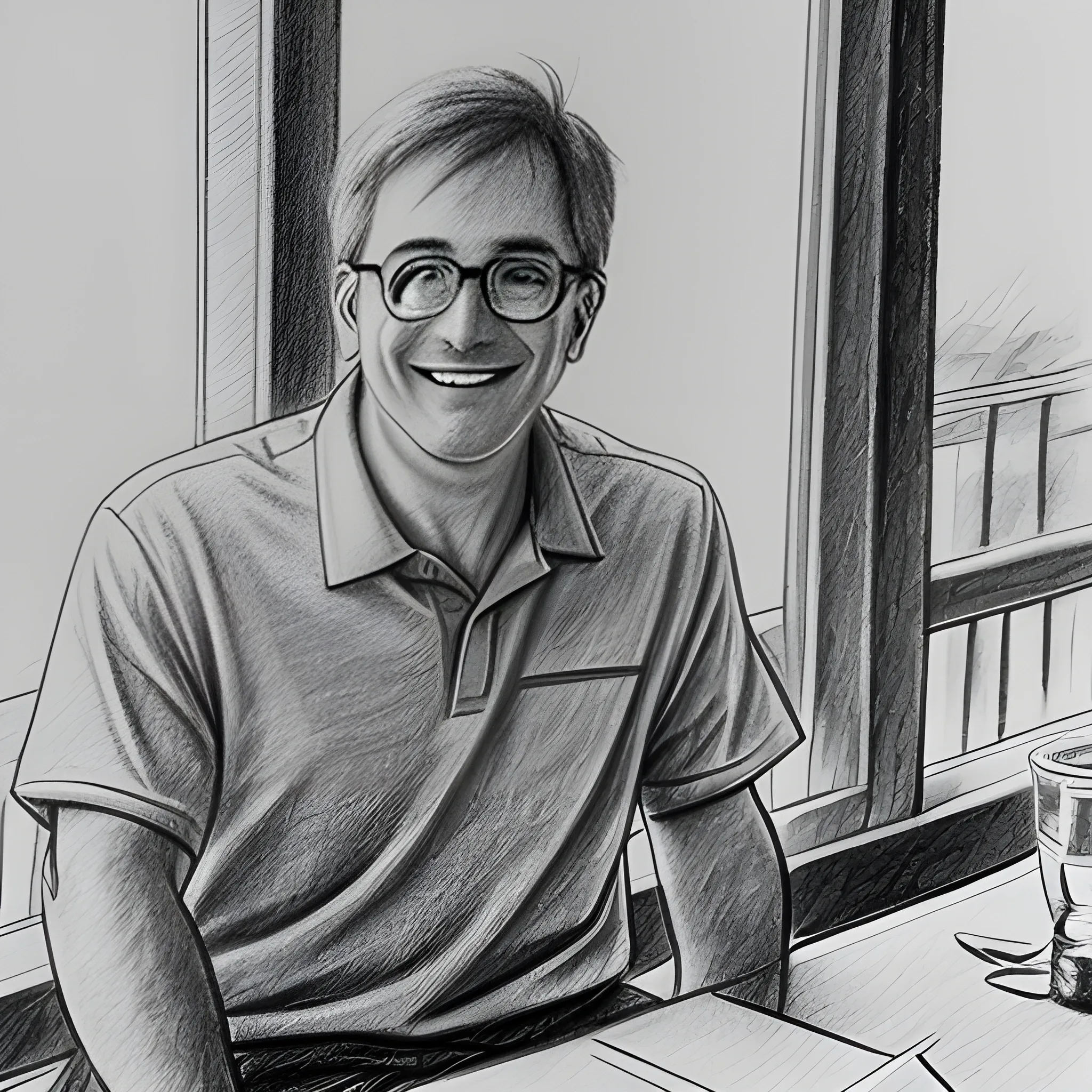 pencil sketch of a happy and friendly business man looking at the camera, he's wearing a golf shirt sitting near a window