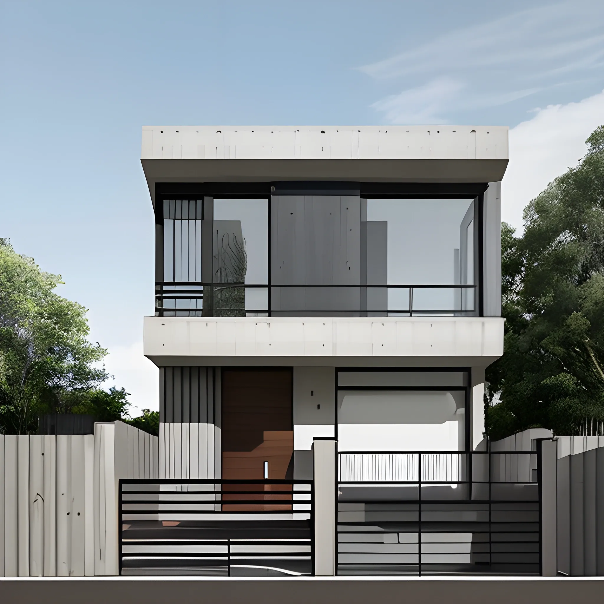 exterior house, 2 floors, minimalist, realistic style, architectural rendering, front room with balcony, garage with two cars, wood and concrete for the façade, double height door