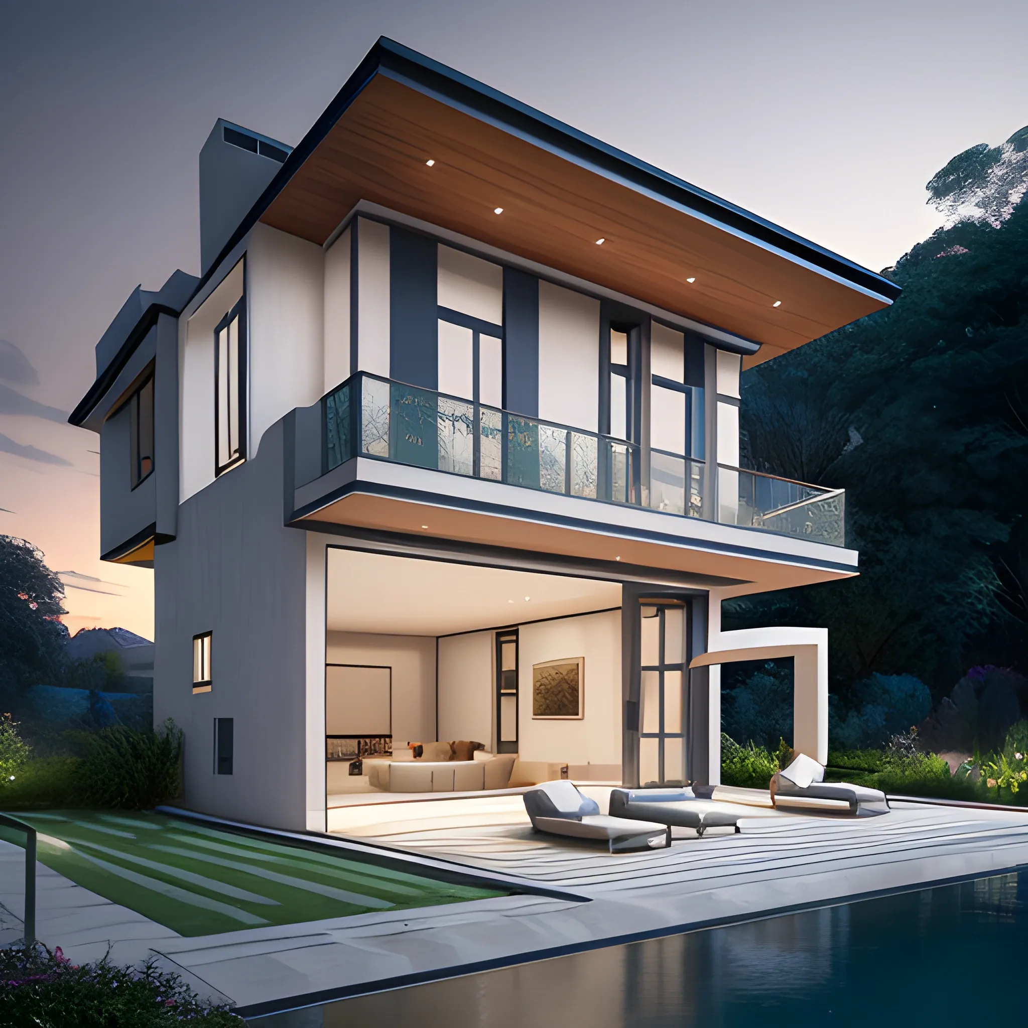 3d rendering of beautiful nature meets architecture concept of a residential house., volumetric lighting, luxury, high detail, 14mm, cinematic photography, cg architects, high resolution, room on the front, Garage in front, pool in the garden