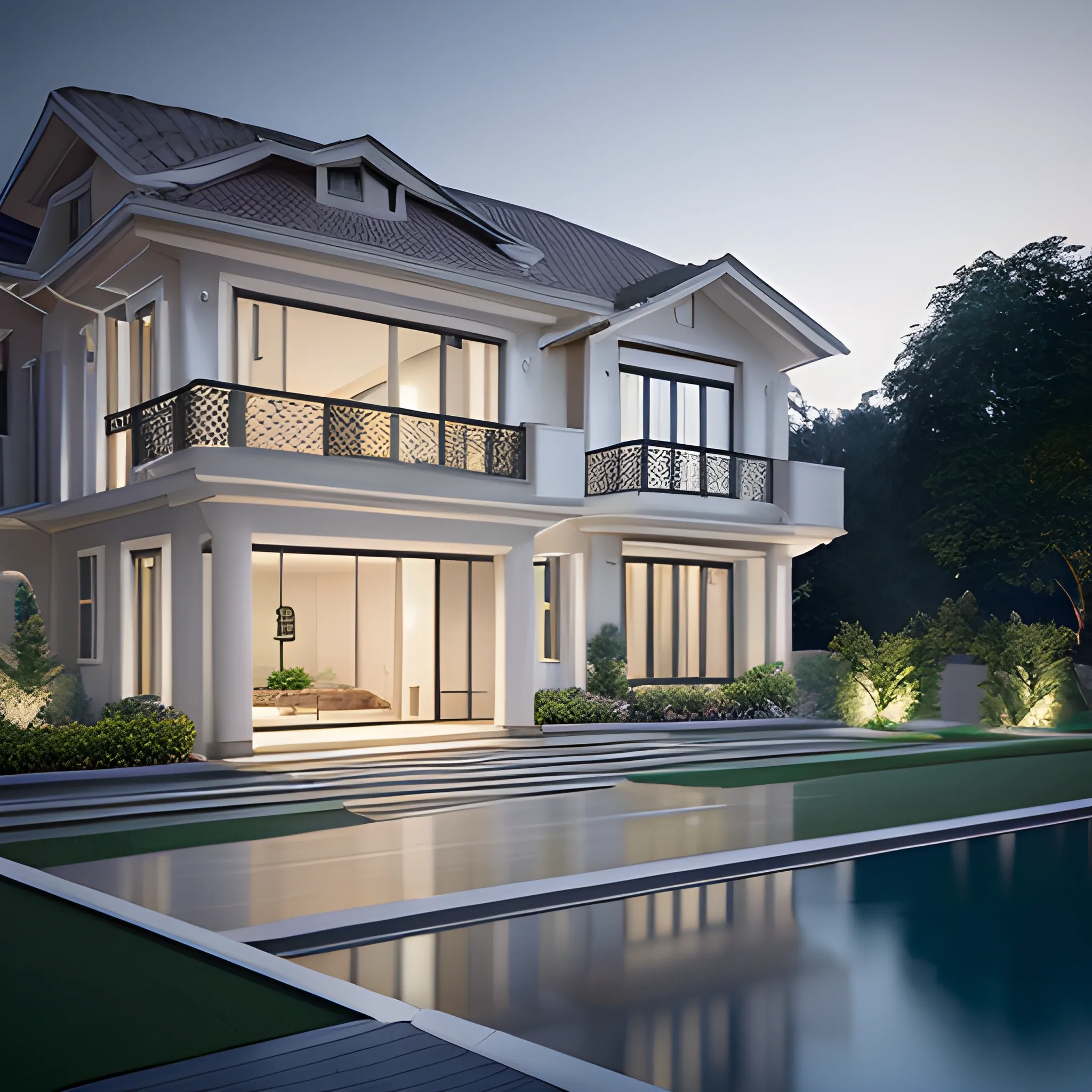 3d rendering of beautiful nature meets architecture concept of a residential house., volumetric lighting, luxury, high detail, 14mm, cinematic photography, cg architects, high resolution, Garage in front, pool in the garden