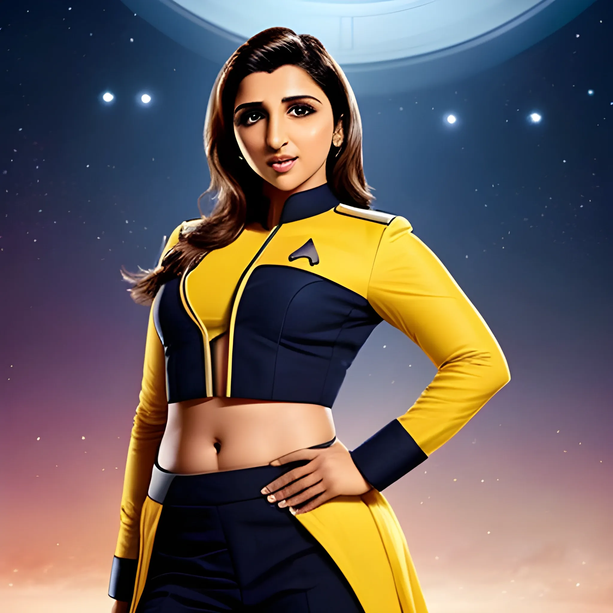 Create an photographic parineeti chopra as Captain kirk in Enterprise 