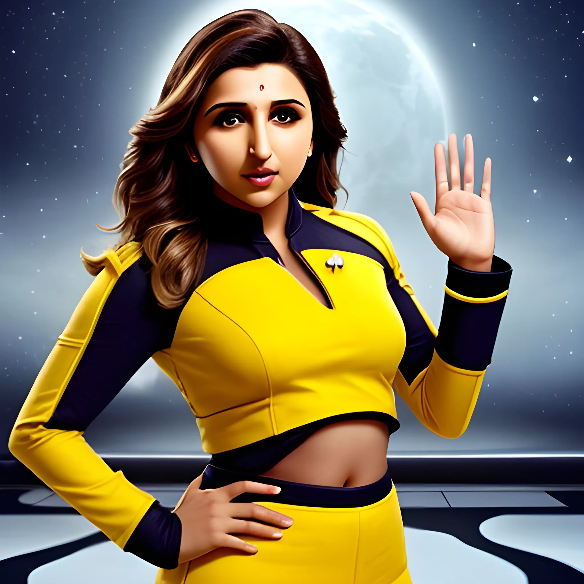 Create an photographic parineeti chopra as Captain kirk in Enterprise, beautiful figure, Photoshoot, Fantasy