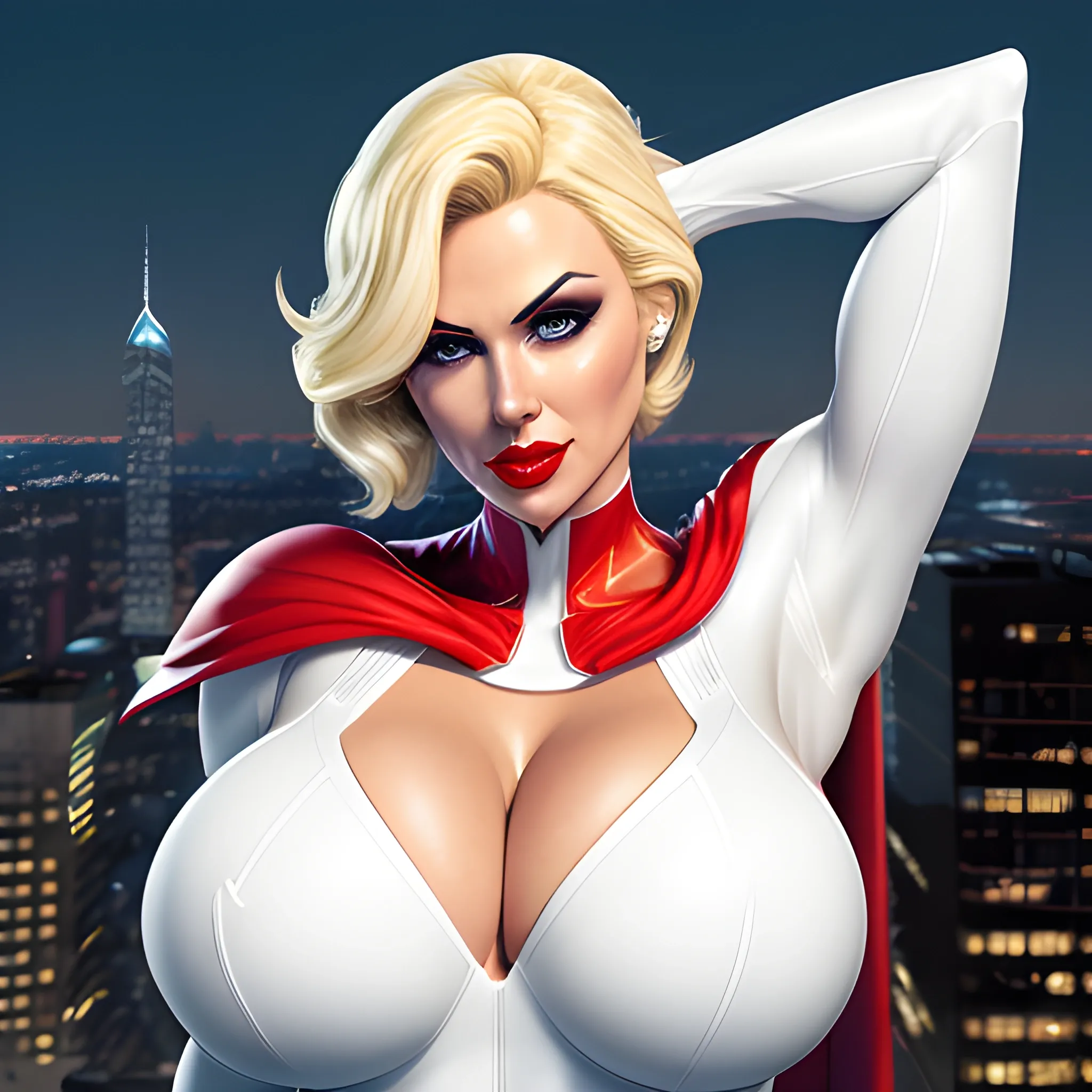 hyper beautiful hyper thick cleavage hyper realistic hyper photorealistic PowerGirl™ from DC Comics™, PowerGirl™ from DC Comics™ fan art, hyper realistic PowerGirl™ from DC Comics™ fan art, hyper dynamic short blonde hair style, wearing hyper detailed hyper classic PowerGirl™ solid white unitard costume cleavage window, wearing hyper detailed red cape attached to shoulders, wearing hyper detailed blue gloves, hyper detailed city lights at night background