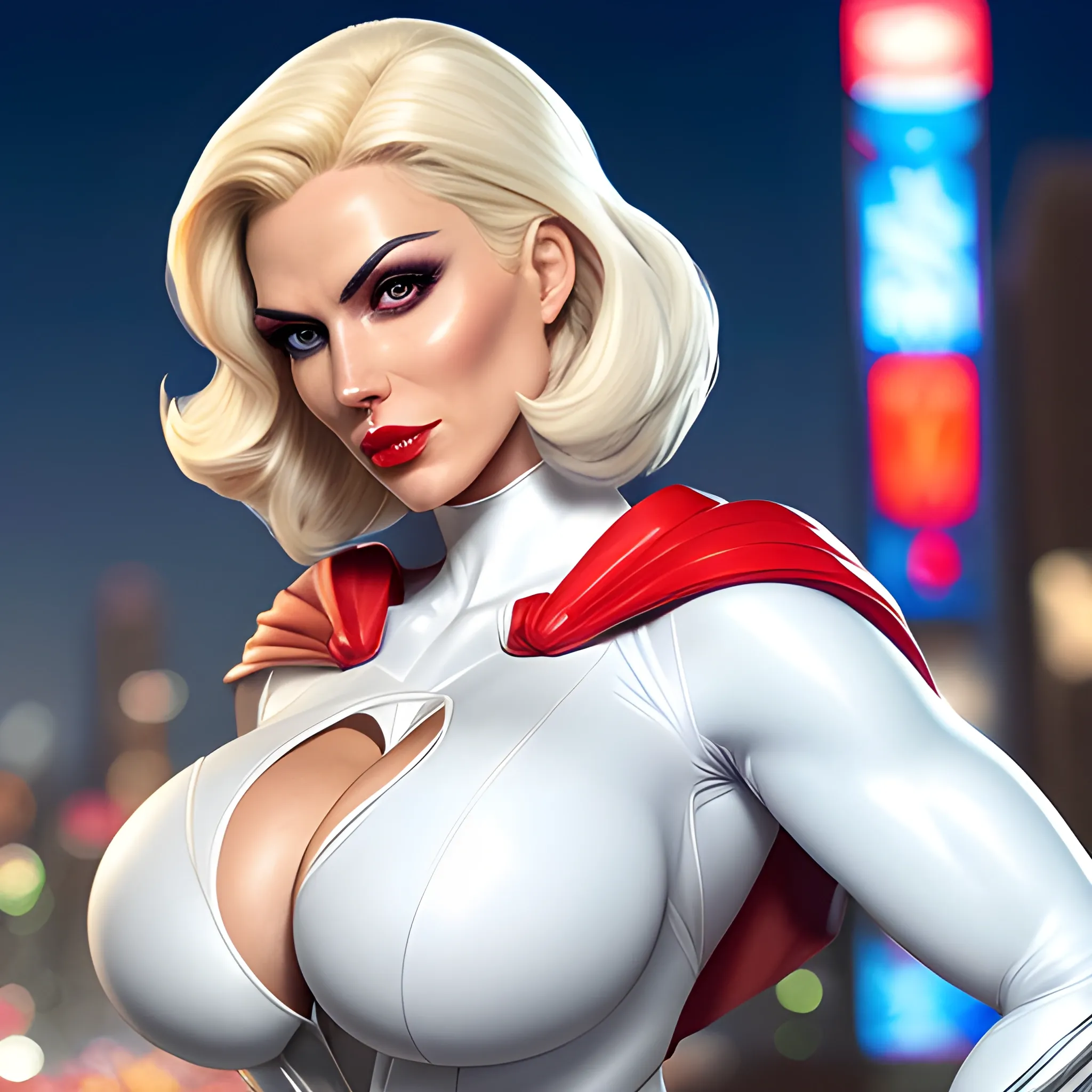 hyper beautiful hyper thick cleavage hyper realistic hyper photorealistic PowerGirl™ from DC Comics™, PowerGirl™ from DC Comics™ fan art, hyper realistic PowerGirl™ from DC Comics™ fan art, hyper dynamic short blonde hair style, wearing hyper detailed hyper classic PowerGirl™ solid white unitard costume cleavage window, wearing hyper detailed red cape attached to shoulders, wearing hyper detailed blue gloves, hyper detailed city lights at night background