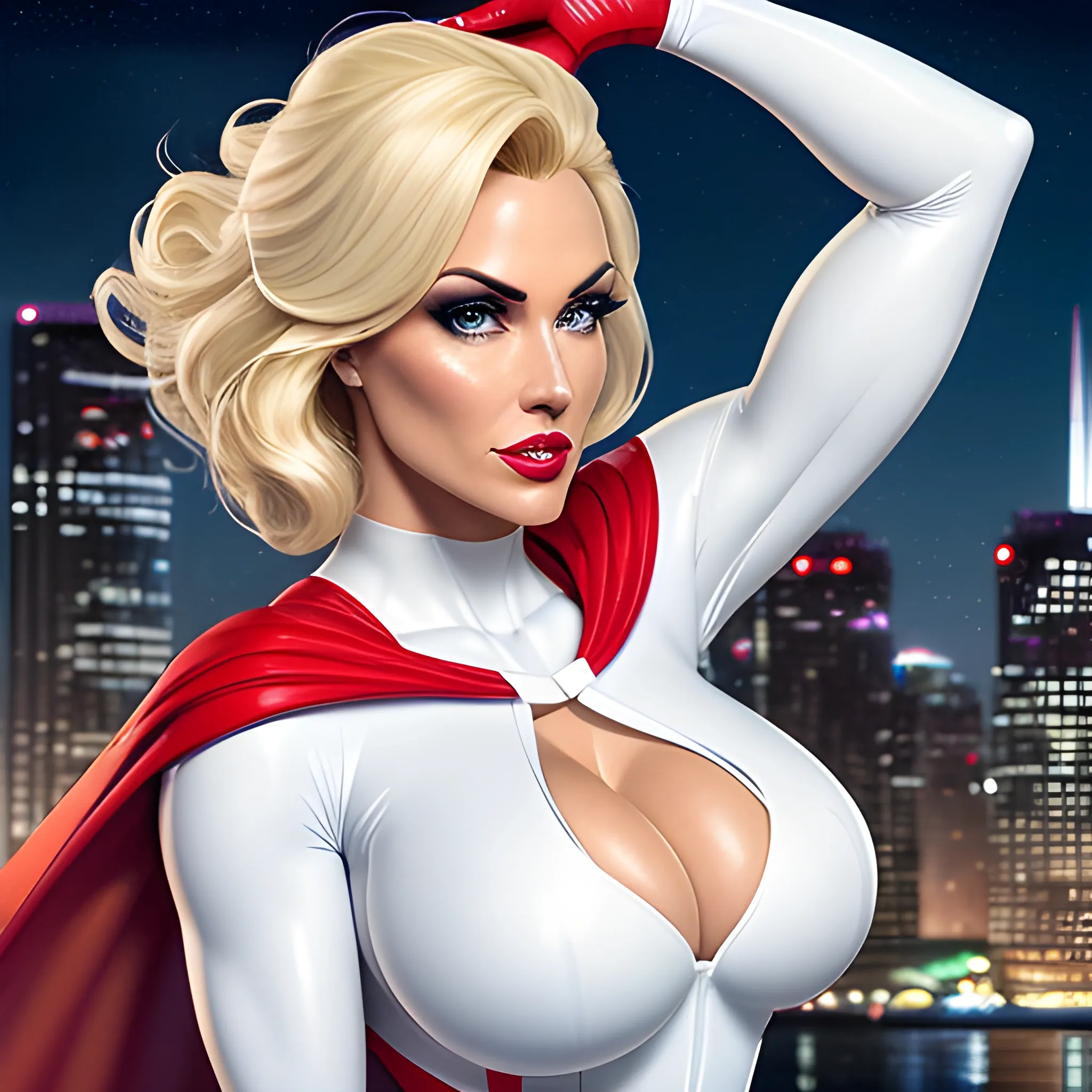 hyper beautiful hyper thick cleavage hyper realistic hyper photorealistic PowerGirl™ from DC Comics™, PowerGirl™ from DC Comics™ fan art, hyper realistic PowerGirl™ from DC Comics™ fan art, hyper dynamic short blonde hair style, wearing hyper detailed hyper classic PowerGirl™ solid white unitard costume cleavage window, wearing hyper detailed red cape attached to shoulders, wearing hyper detailed blue gloves, hyper detailed city lights at night background