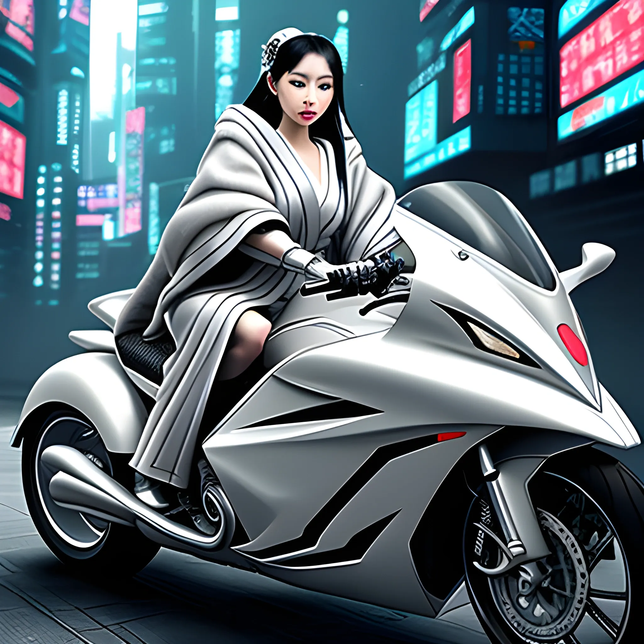 Chinese beauty, wearing a gray and white robe, wrapped in silver, riding a futuristic motorcycle, cyberpunk style, Cartoon