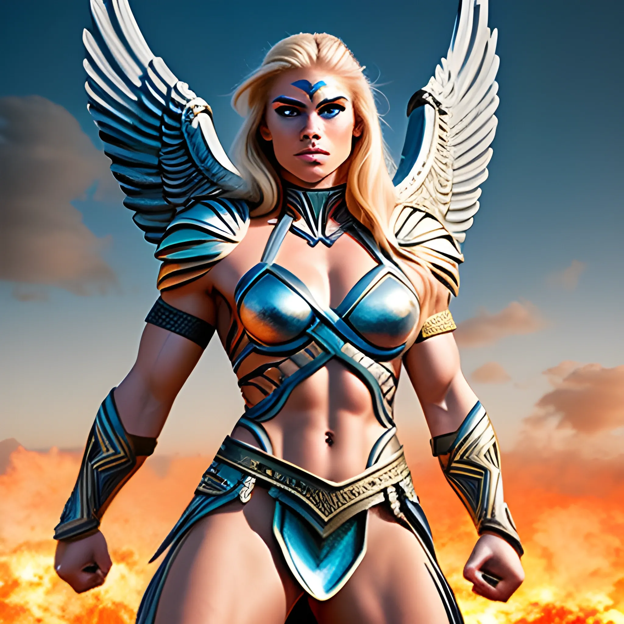 Beautiful muscular woman with blonde hair dressed as a valkyrie and blue eyes on a battleground, masterpiece, best quality