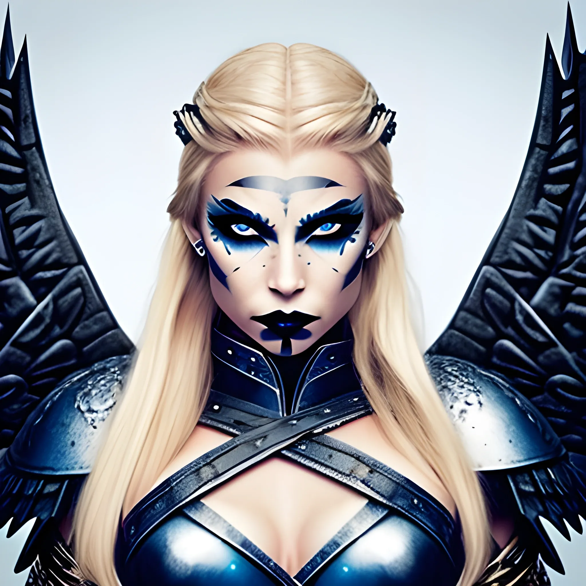 Beautiful fit woman with blonde hair and blue eyes on a nordic battleground dressed as a valkyrie, black lipstick, black armor, masterpiece, best quality, beautiful face