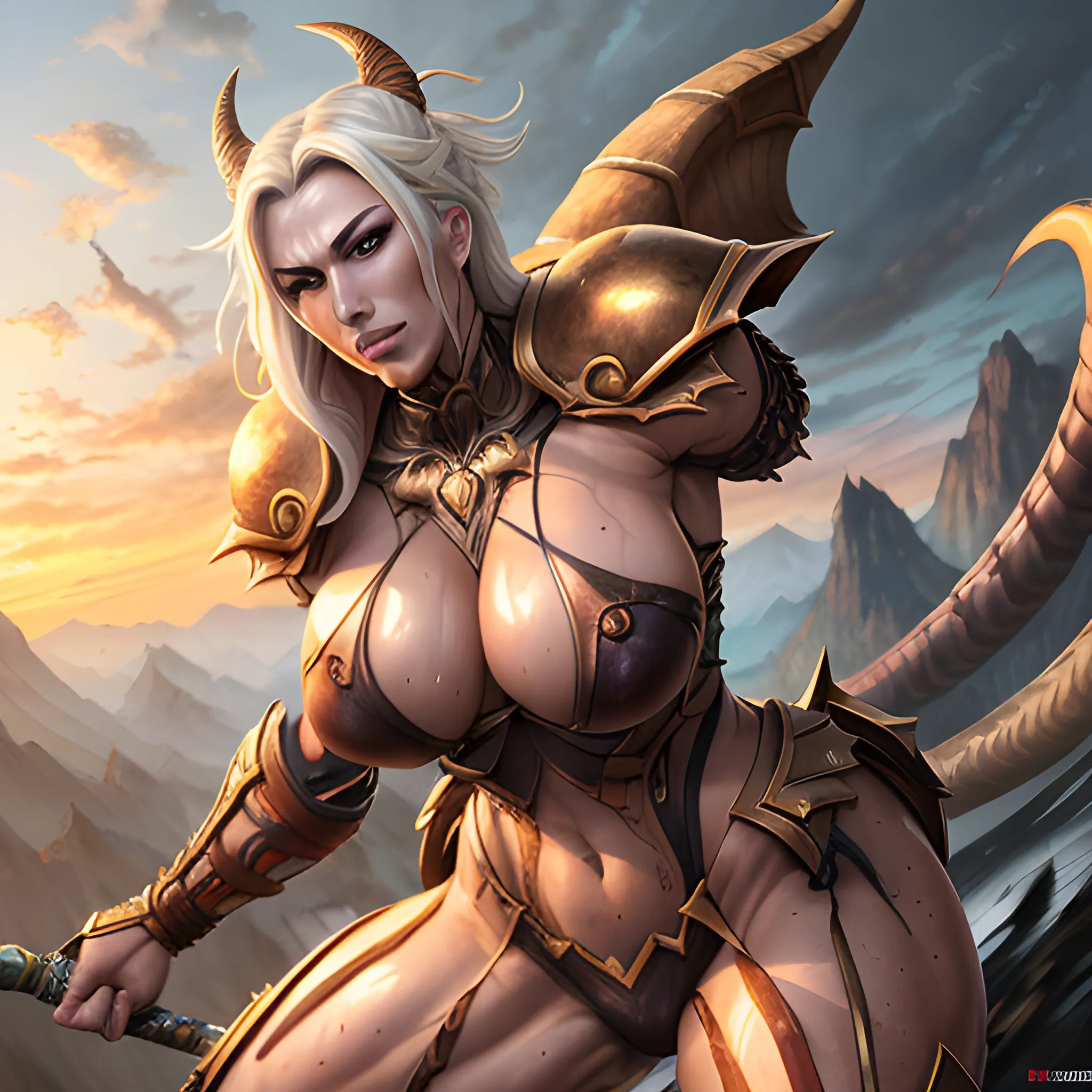 hyper detailed Dragon's Crown™ Amazon™ character art one nordic valkyrie white skin facing viewer hyper feminine hyper beautiful face that are hyper photorealistic hyper beautiful hyper dynamic hyper muscular chest hyper small breasts hyper muscular hyper muscular abs hyper big massive muscular butt massive huge muscular thighs facing left of the viewer hyper dynamic war pose dynamically looking at viewer, Dragon's Crown™ Amazon™, hyper dynamic blonde hair styles, hyper large powerful hips, hyper muscular, tan skin, zoom out, hyper detailed chiseled abs, massive muscular butt, hyper big huge muscular thighs, hyper extremely muscular, hyper photorealistic, hyper dynamic full body shot, hyper dynamic expressions, wet tan skin, Fantastic painting masterpiece by Karol Bak, Zhaoming Wu, Akihito Yoshida, bokeh, hyper dynamically fondling, hyper lover dynamic, hyper dynamic, hyper perfect anatomy, hyper dynamic zoom, hyper dynamic, hyper war dynamic, hyper dynamic full body shot facing left of the viewer hyper dynamically bending over looking at viewer pose, arched back dynamic, hyper detailed expressions dynamic, dynamically touching, skin wet with sweat and blood, hyper dynamic hair styles, hyper beautiful face, hyper realistic, hyper beautiful face, Dragon's Crown™ Amazon™, wearing hyper detailed hyper dynamic barbarian style bone hide bikini armor with long loincloth, hyper detailed sunset battlefield scene background, HD, 8k, photography