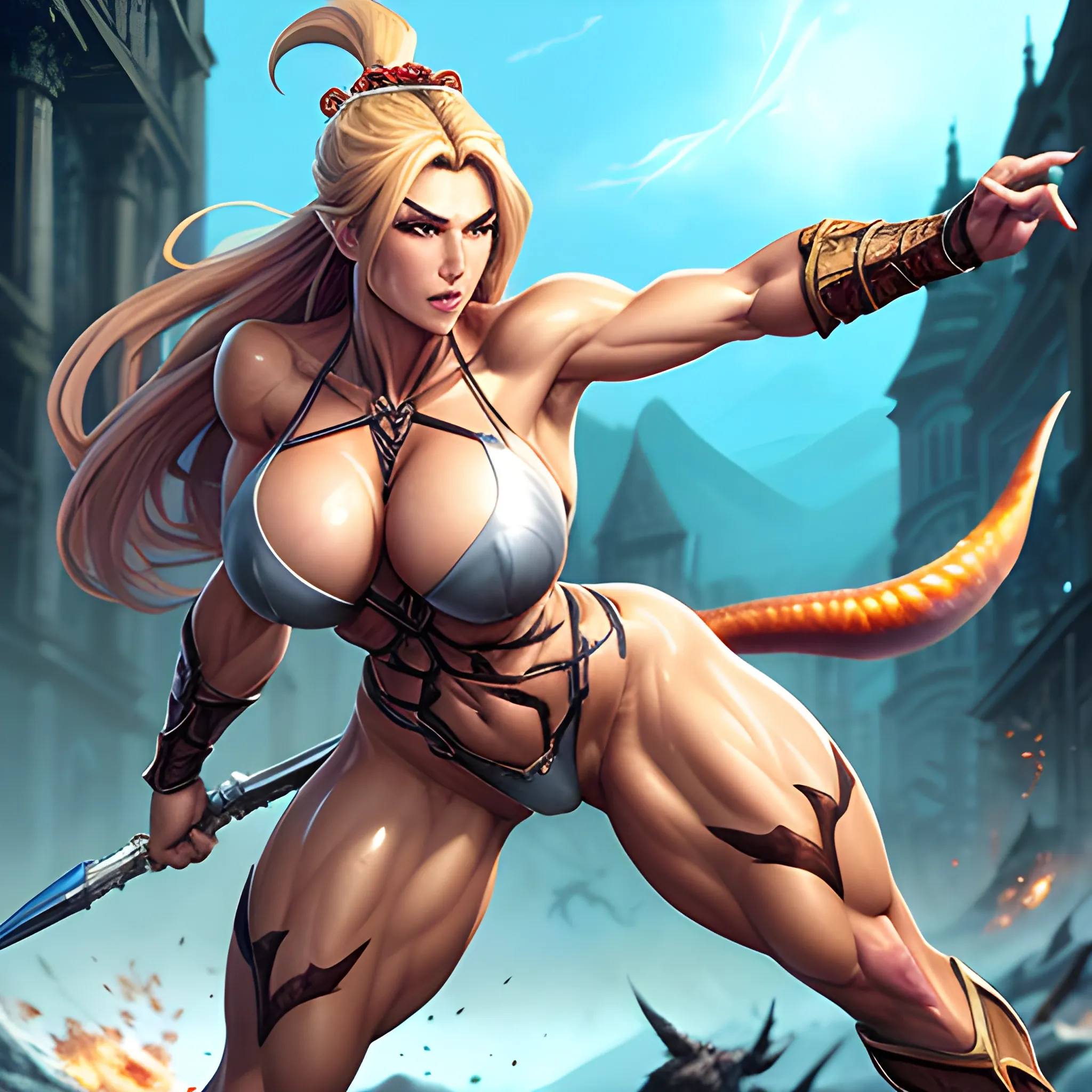 hyper detailed Dragon's Crown™ Amazon™ character art one nordic valkyrie white skin facing viewer hyper feminine hyper beautiful face that are hyper photorealistic hyper beautiful hyper dynamic hyper muscular chest hyper small breasts hyper muscular hyper muscular abs hyper big massive muscular butt massive huge muscular thighs facing left of the viewer hyper dynamic war pose dynamically looking at viewer, Dragon's Crown™ Amazon™, hyper dynamic blonde hair styles, hyper large powerful hips, hyper muscular, tan skin, zoom out, hyper detailed chiseled abs, massive muscular butt, hyper big huge muscular thighs, hyper extremely muscular, hyper photorealistic, hyper dynamic full body shot, hyper dynamic expressions, wet tan skin, Fantastic painting masterpiece by Karol Bak, Zhaoming Wu, Akihito Yoshida, bokeh, hyper dynamically fondling, hyper lover dynamic, hyper dynamic, hyper perfect anatomy, hyper dynamic zoom, hyper dynamic, hyper war dynamic, hyper dynamic full body shot facing left of the viewer hyper dynamically bending over looking at viewer pose, arched back dynamic, hyper detailed expressions dynamic, dynamically touching, skin wet with sweat and blood, hyper dynamic hair styles, hyper beautiful face, hyper realistic, hyper beautiful face, Dragon's Crown™ Amazon™, wearing hyper detailed hyper dynamic barbarian style bone hide bikini armor with long loincloth, hyper detailed sunset battlefield scene background, HD, 8k, photography