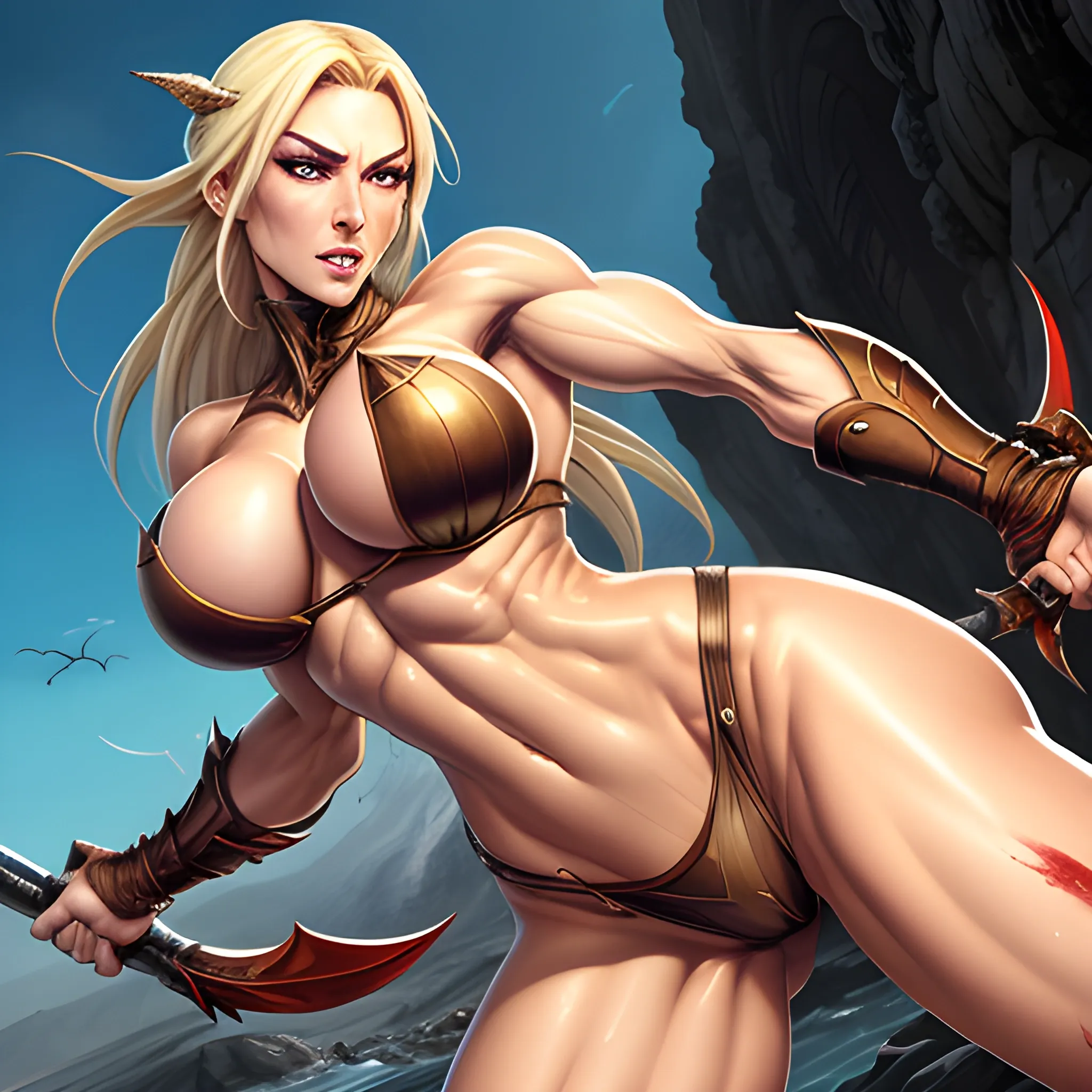 hyper detailed Dragon's Crown™ Amazon™ character art one nordic valkyrie white skin facing viewer hyper feminine hyper beautiful face that are hyper photorealistic hyper beautiful hyper dynamic hyper muscular chest hyper small breasts hyper muscular hyper muscular abs hyper big massive muscular butt massive huge muscular thighs facing left of the viewer hyper dynamic war pose dynamically looking at viewer, Dragon's Crown™ Amazon™, hyper dynamic blonde hair styles, hyper large powerful hips, hyper muscular, tan skin, zoom out, hyper detailed chiseled abs, massive muscular butt, hyper big huge muscular thighs, hyper extremely muscular, hyper photorealistic, hyper dynamic full body shot, hyper dynamic expressions, wet tan skin, Fantastic painting masterpiece by Karol Bak, Zhaoming Wu, Akihito Yoshida, bokeh, hyper dynamically fondling, hyper lover dynamic, hyper dynamic, hyper perfect anatomy, hyper dynamic zoom, hyper dynamic, hyper war dynamic, hyper dynamic full body shot facing left of the viewer hyper dynamically bending over looking at viewer pose, arched back dynamic, hyper detailed expressions dynamic, dynamically touching, skin wet with sweat and blood, hyper dynamic hair styles, hyper beautiful face, hyper realistic, hyper beautiful face, Dragon's Crown™ Amazon™, wearing hyper detailed hyper dynamic barbarian style bone hide bikini armor with long loincloth, hyper detailed sunset battlefield scene background, HD, 8k, photography