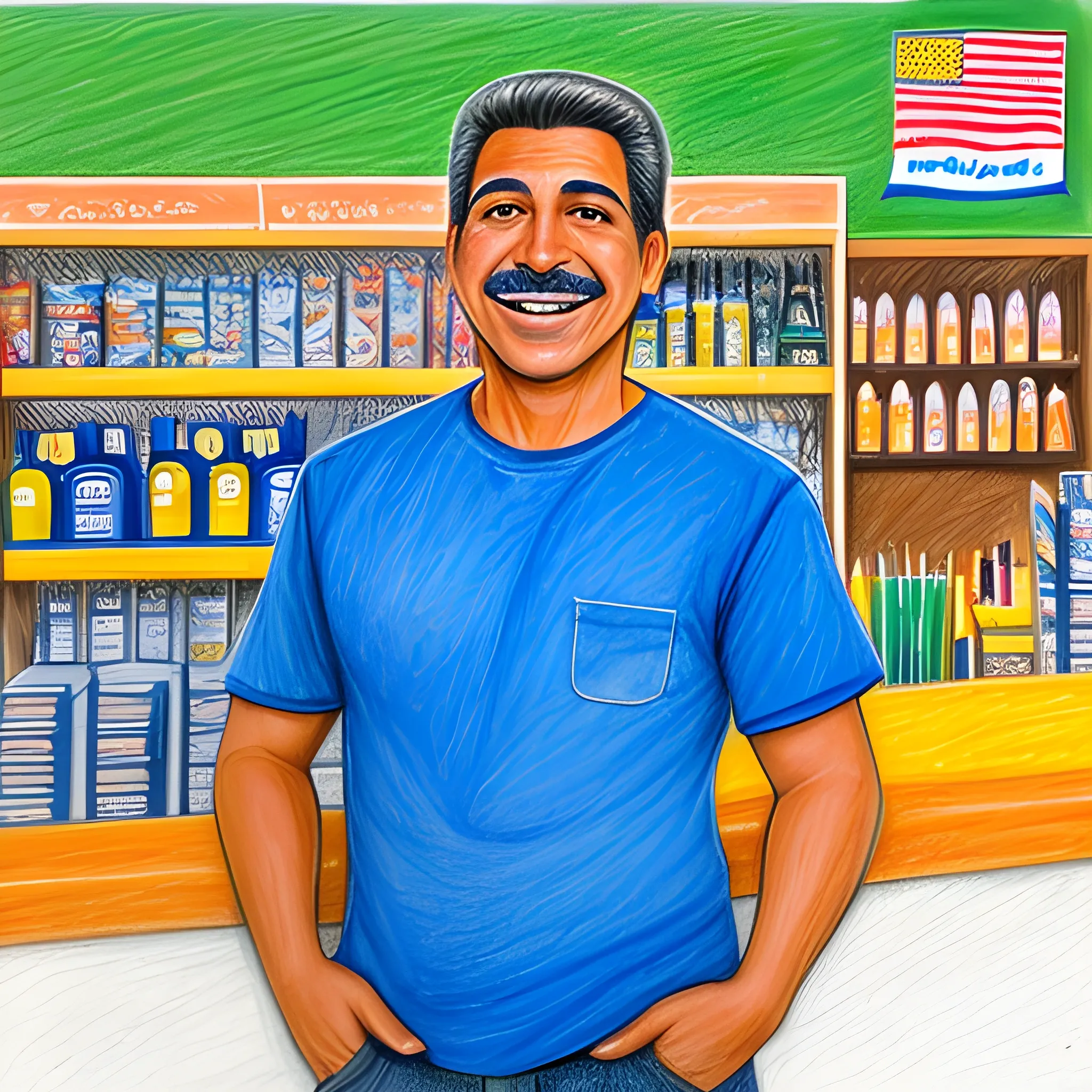 color pencil sketch a friendly smiling latino man wearing a blue teeshirt standing behind a counter


