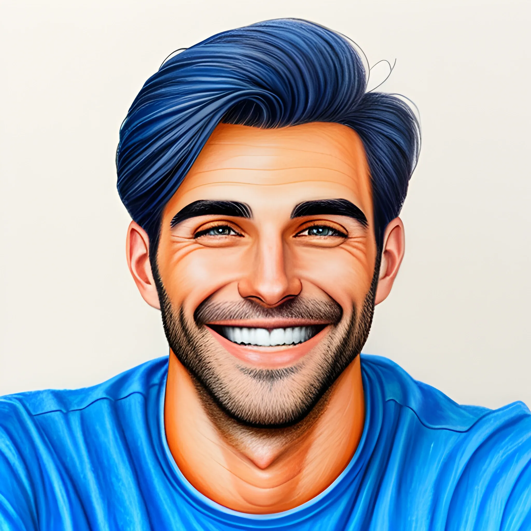 color pencil sketch a very friendly smiling teen guy wearing a blue teeshirt 


