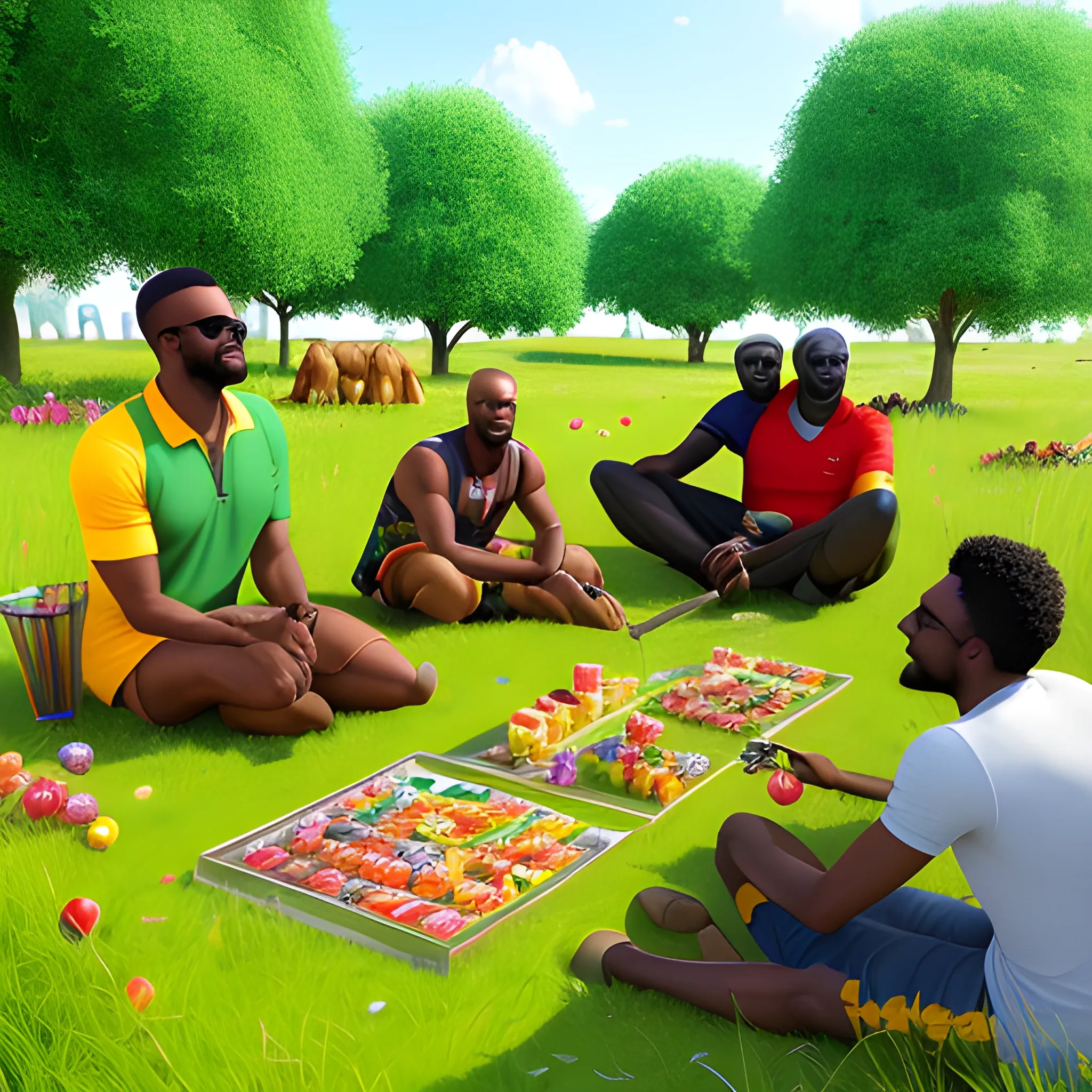 ultra realistic 3d image of several happy African and European children (boys and girls) and European children, eating sweets (lollipops, sweets) and playing with toys (doll, ball, puzzle, teddy bears), sitting on the floor in a land with very green grass, clear and open sky and a vibrant sun