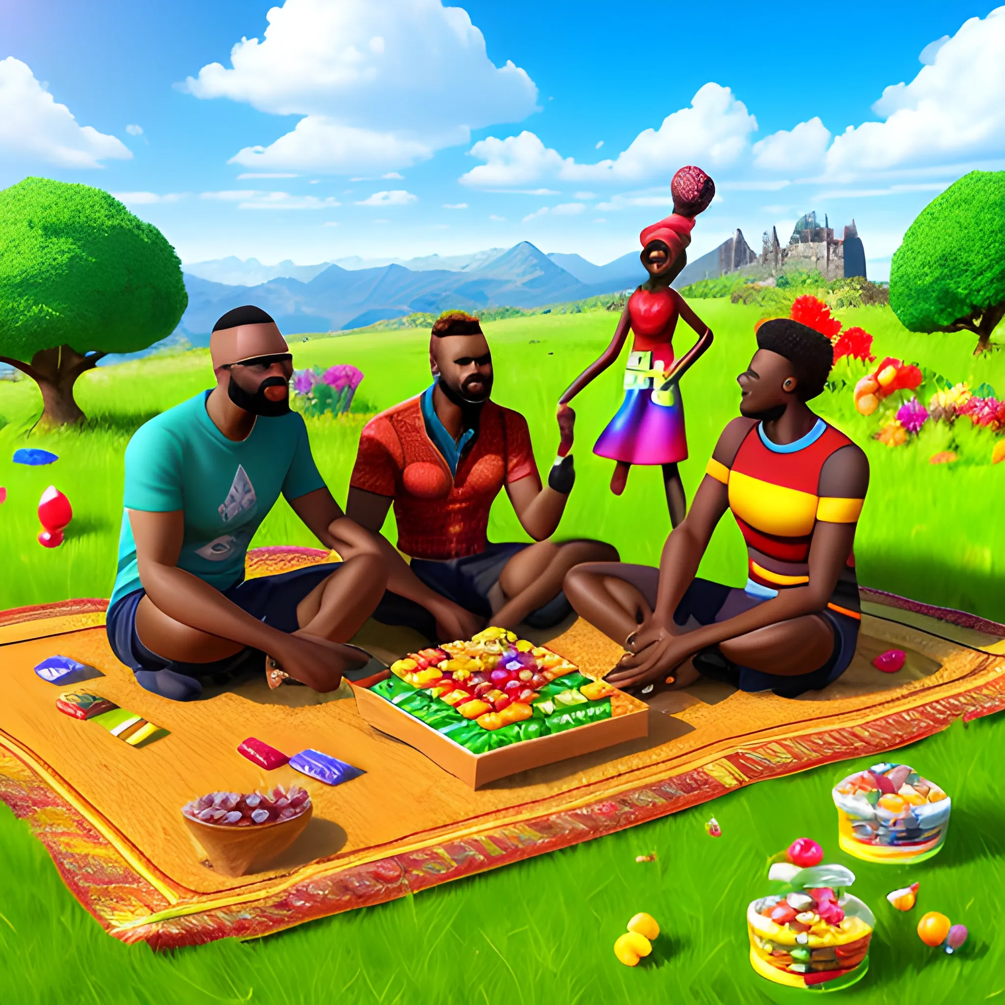 ultra realistic 3d image of several happy African and European children (boys and girls) and European children, eating sweets (lollipops, sweets) and playing with toys (doll, ball, puzzle, teddy bears), sitting on the floor in a land with very green grass, clear and open sky and a vibrant sun, Cartoon