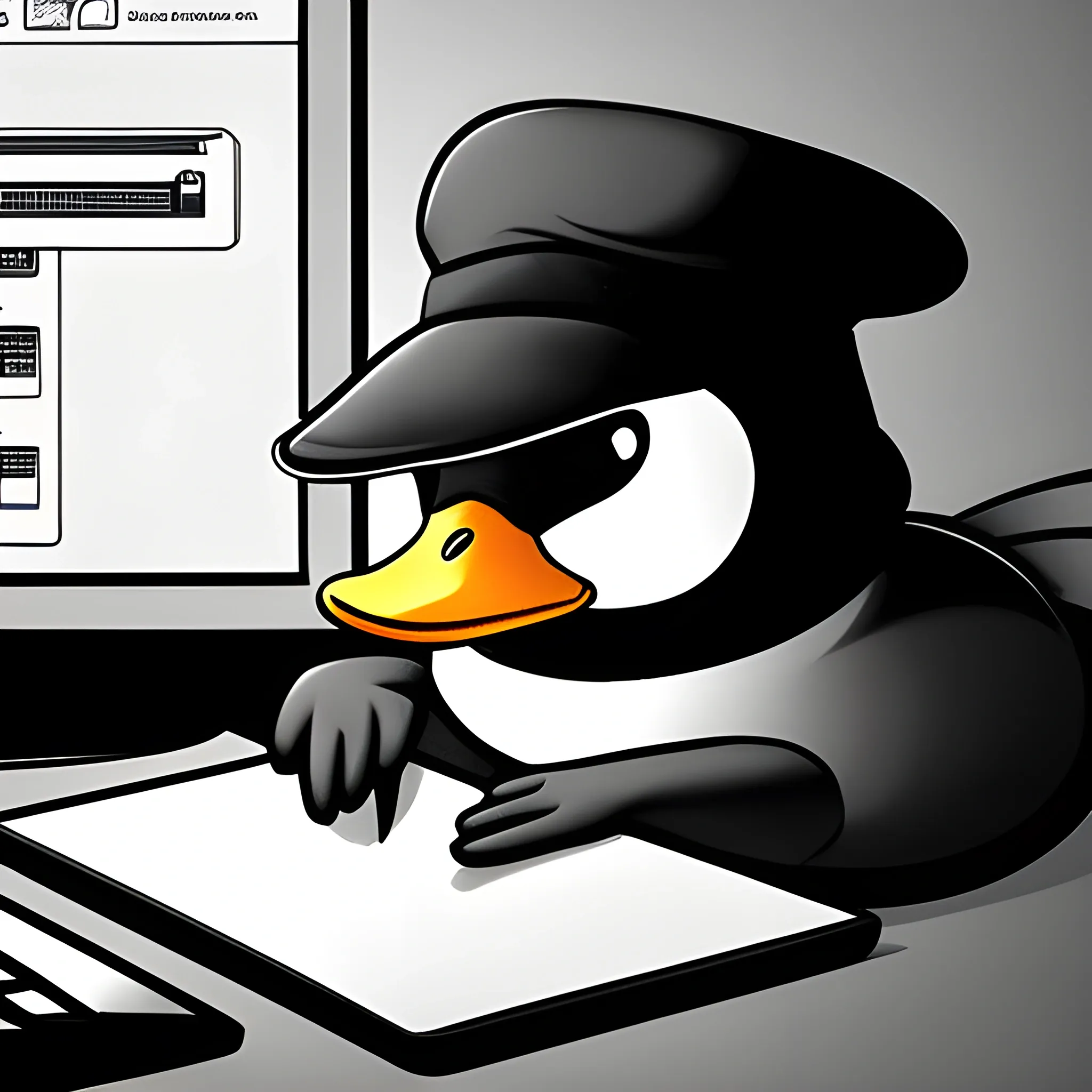 draw a duck with a black hat and it looks like he is a hacker, in a dark room, with a computer in front of them