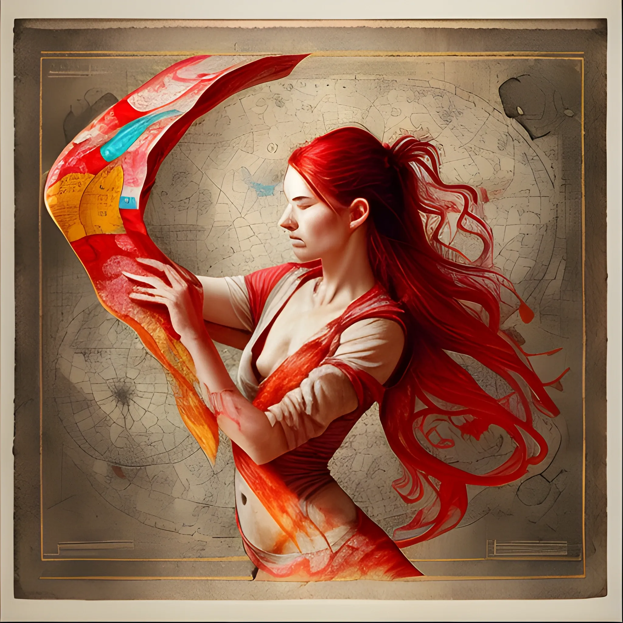 Generate an artistic depiction of a dynamic woman unrolling an ancient treasure map with a red watercolor technique. She should exude energy, with a determined yet empty gaze fixed on the map as she endeavors to decipher its hidden secrets. The artwork should capture the fine details of the map and convey the contrasting emotions of determination and uncertainty in her expression. Transport the viewer into this vibrant and mysterious world through your artwork