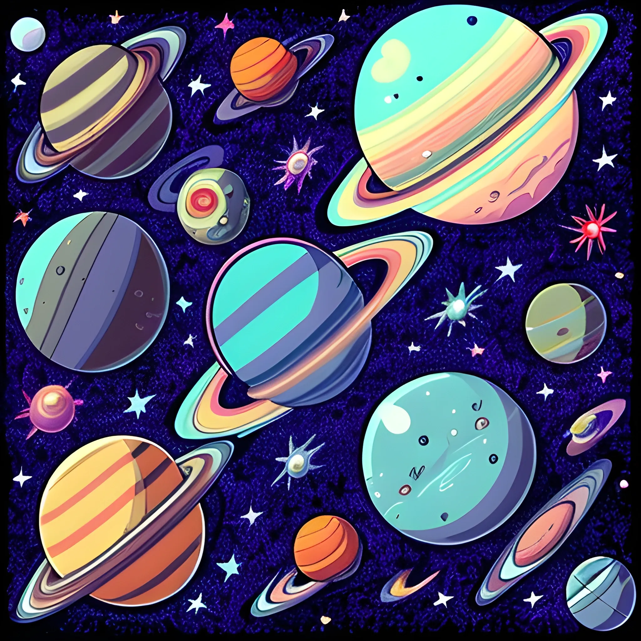 , Cartoon, Trippy, Galaxy, planets, space, asteroid