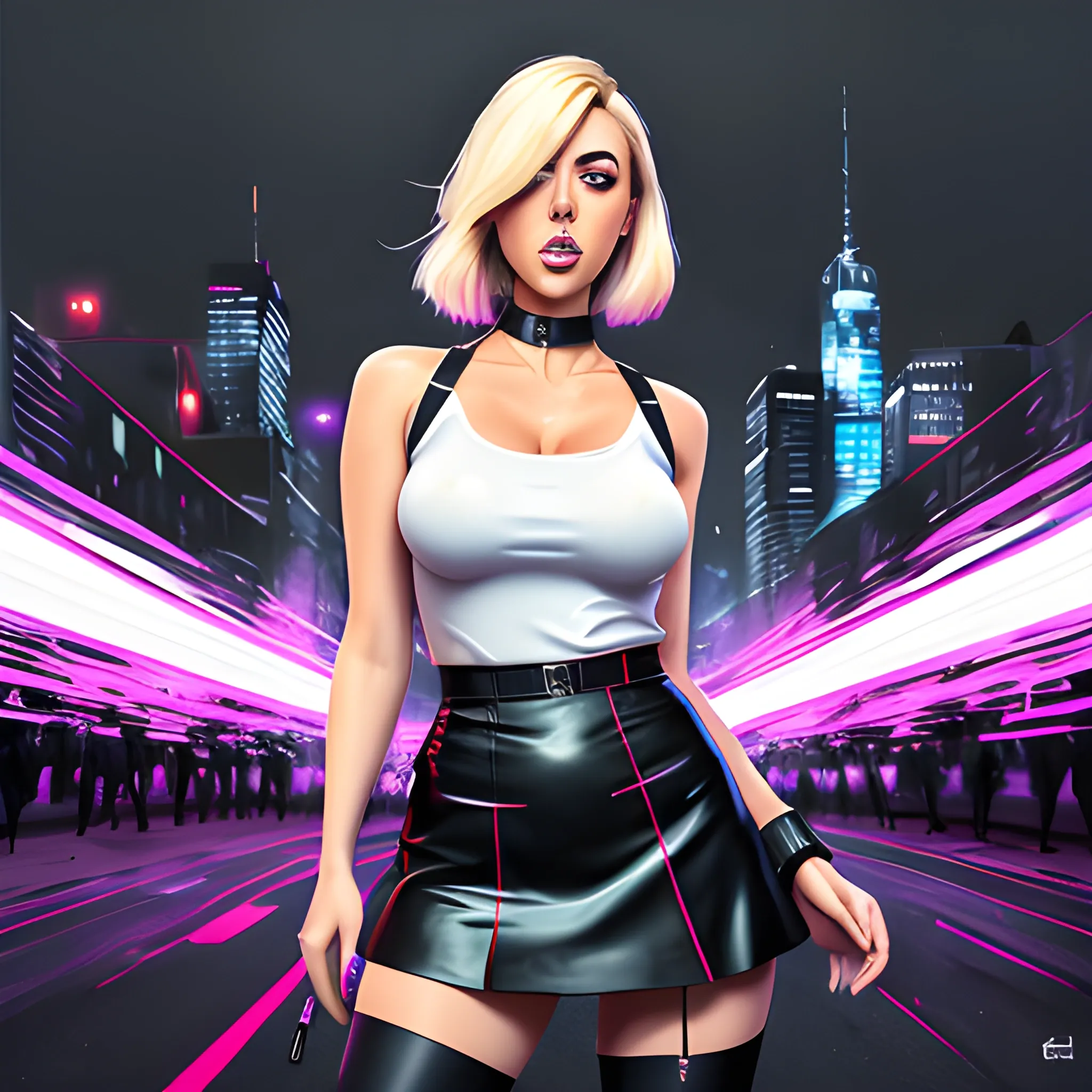 Fluid painting art white blonde girl, full figure, choker, short skirt, colorful, realistic, high quality, 3D dark painting, intensive colors, military fashion shot of a beautiful modern agitated american actress Aubrey Plaza posing in front of a postapocaliptic city, open mouth, full figure, regular face, big bossom, fit, tight magenta costume,  short skirt,  legs,  choker, postapocaliptic city nigh, sinister by Greg Rutkowski 