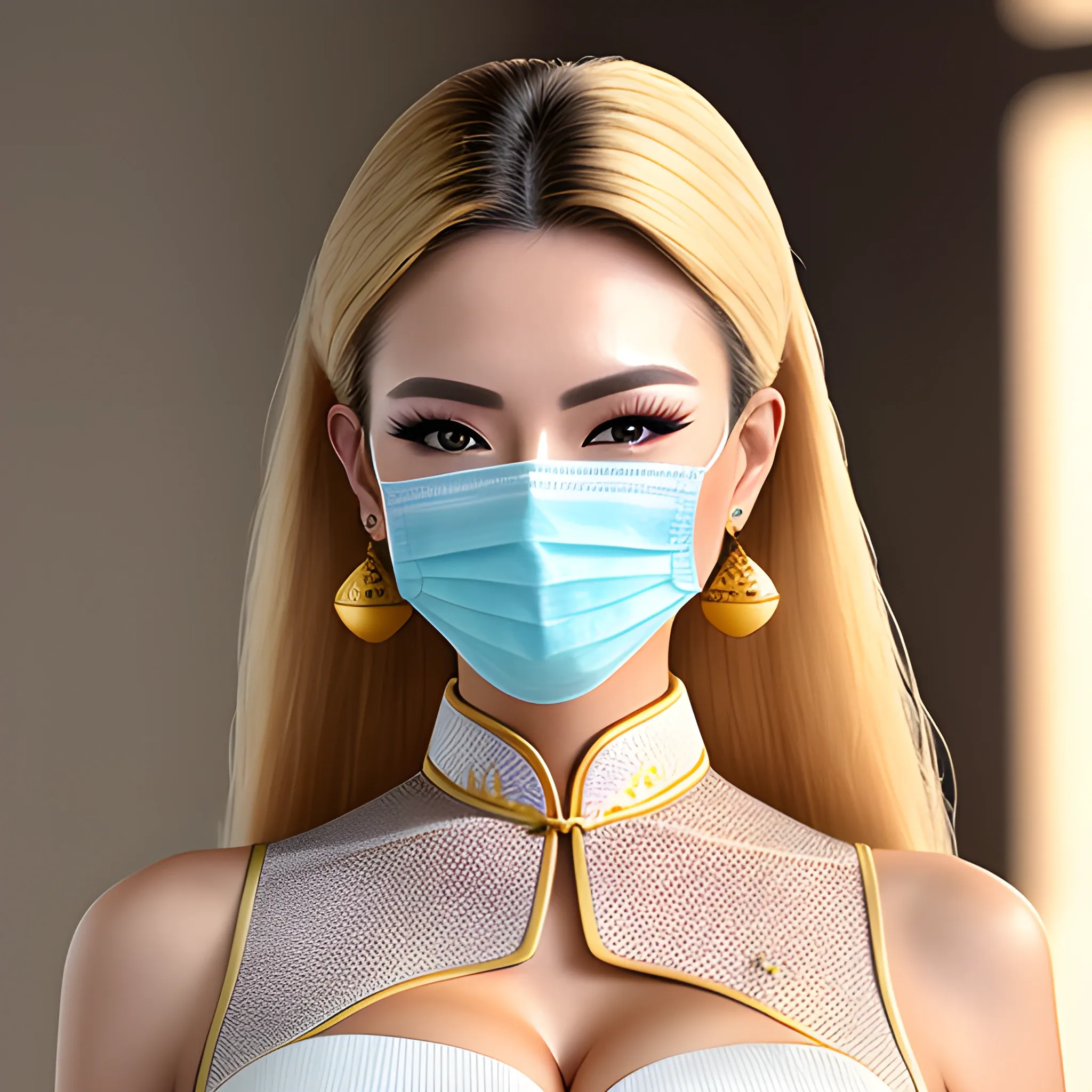 good hand, 4k, best quality, chinese, in the workplace, wearing face mask, business outfit, sweaty, sharp focus, soft lighting, skinny, enormous breasts, 1girl, jewelry, earrings, long hair, blond hair, extremely messy hair