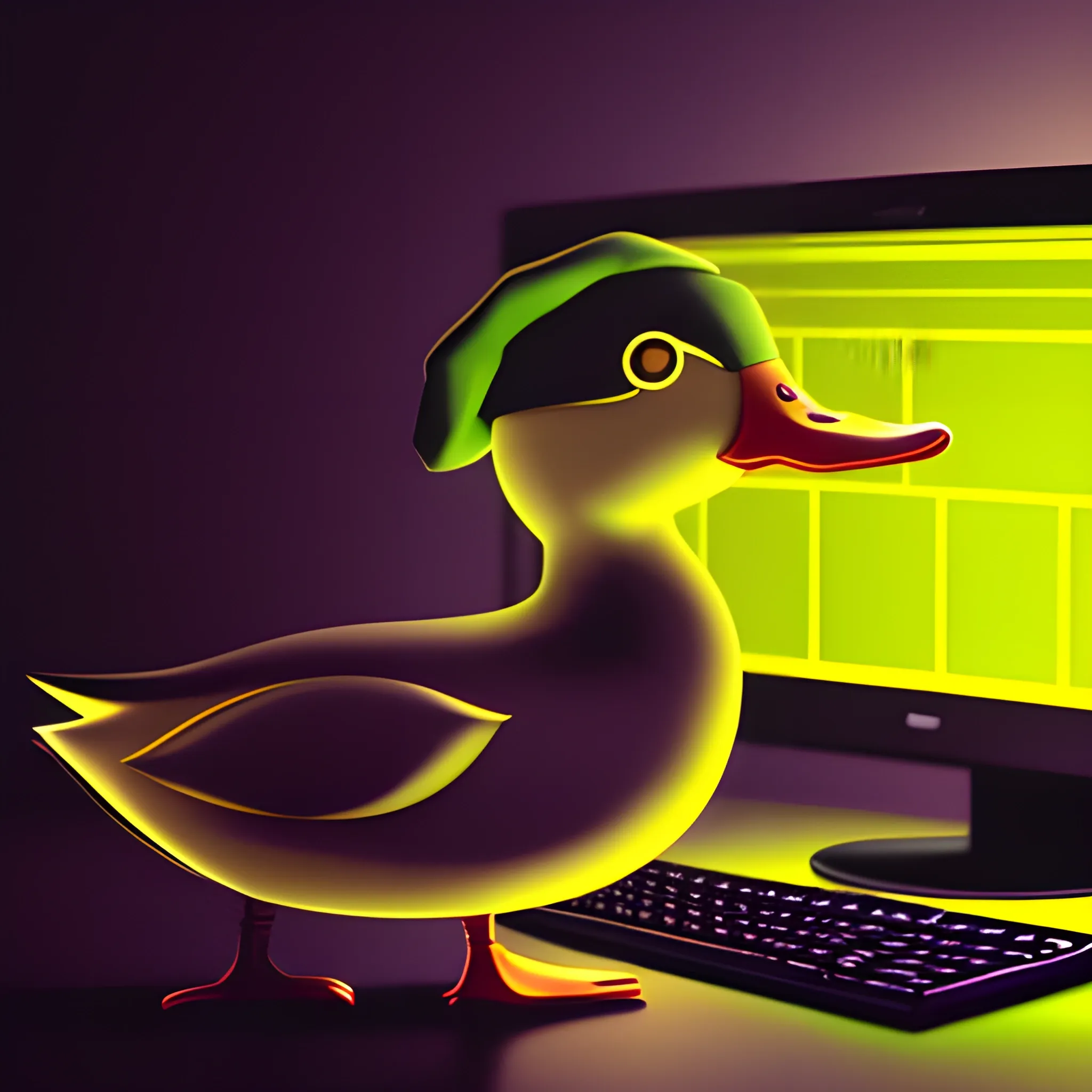 Duck, looking like a hacker and wearing a black hat. In a dark room with computers