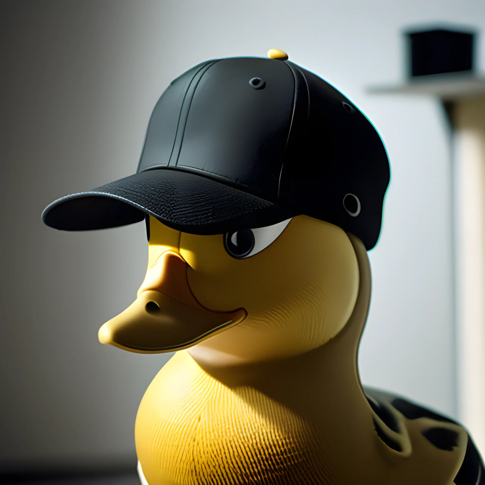 Duck, wearing a black hat like a hacker. In a room that seems from the future