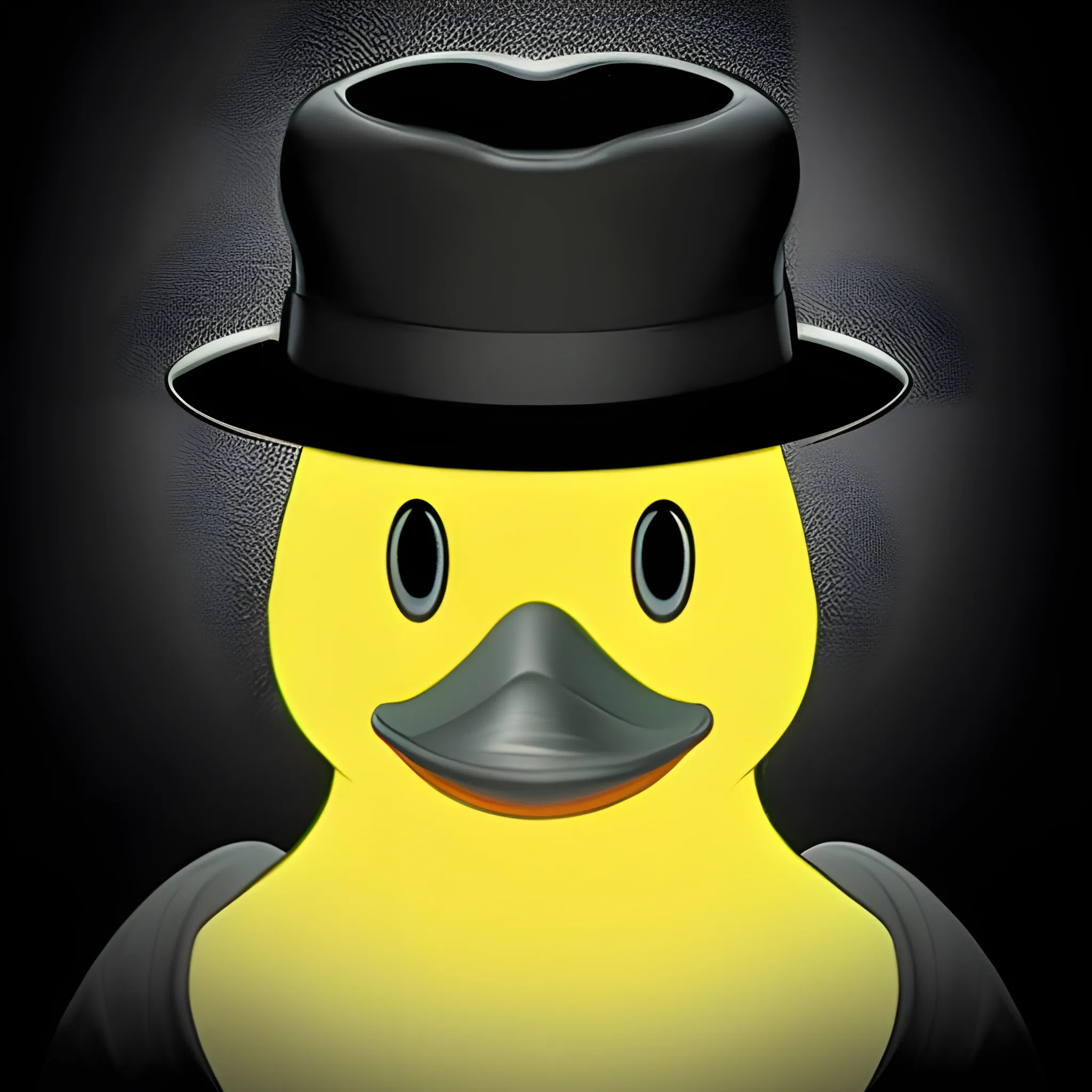 Duck, wearing a black hat like a hacker. In a dark room that seems from the future